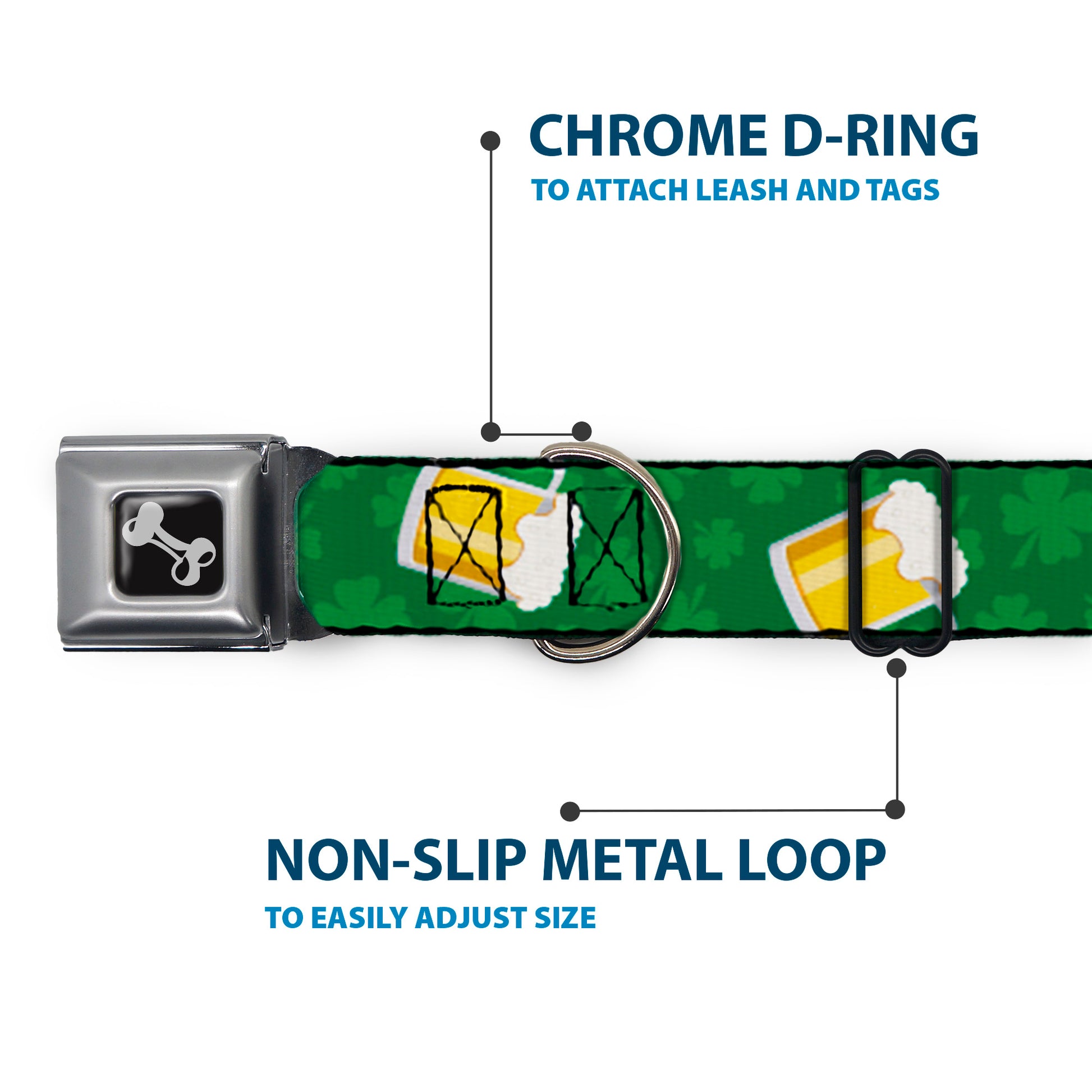Dog Bone Seatbelt Buckle Collar - St. Pat's Clovers/Beer Mugs Greens Seatbelt Buckle Collars Buckle-Down