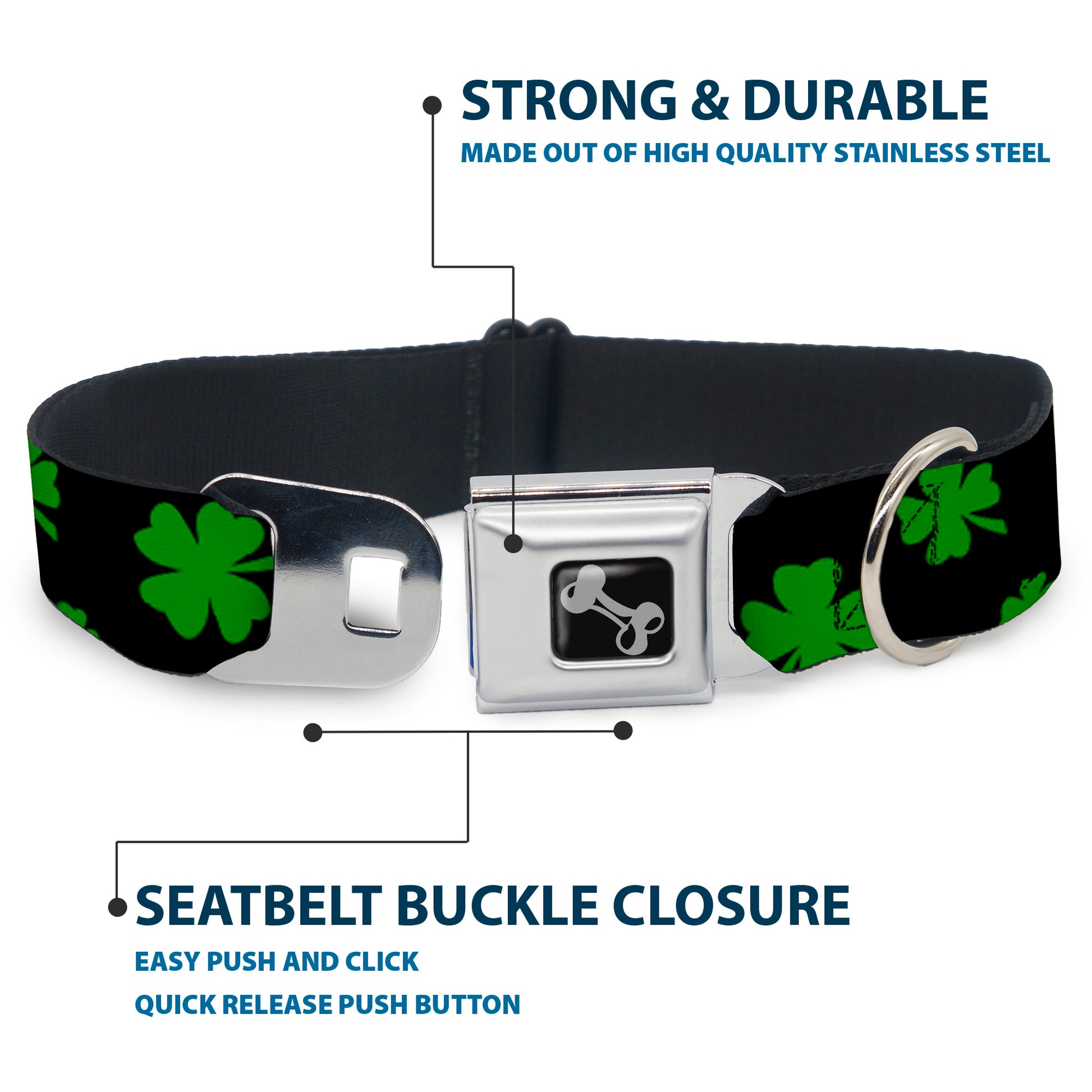 Dog Bone Seatbelt Buckle Collar - St. Pat's Clovers Scattered2 Black/Green Seatbelt Buckle Collars Buckle-Down