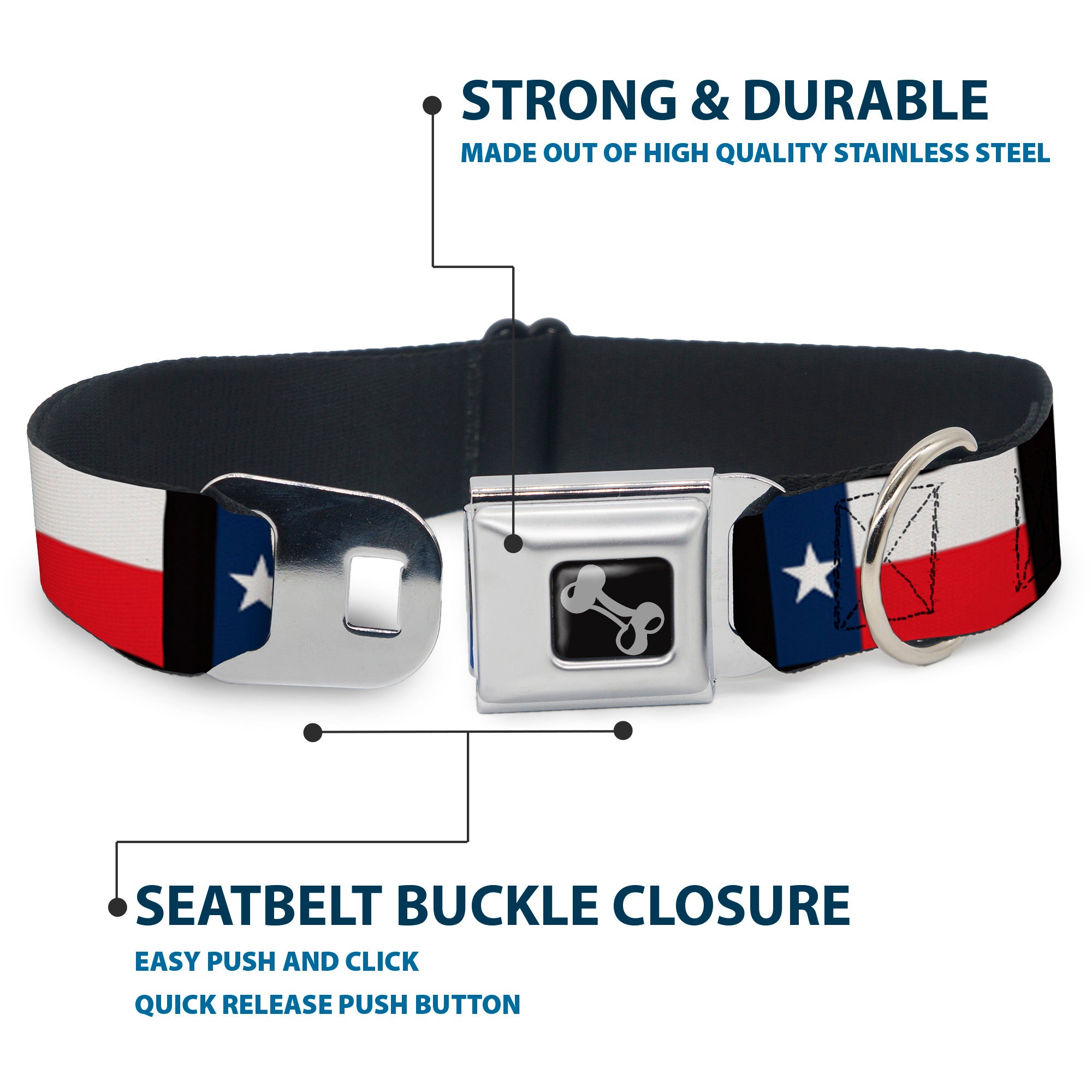 Dog Bone Seatbelt Buckle Collar - Texas Flag/Black Seatbelt Buckle Collars Buckle-Down