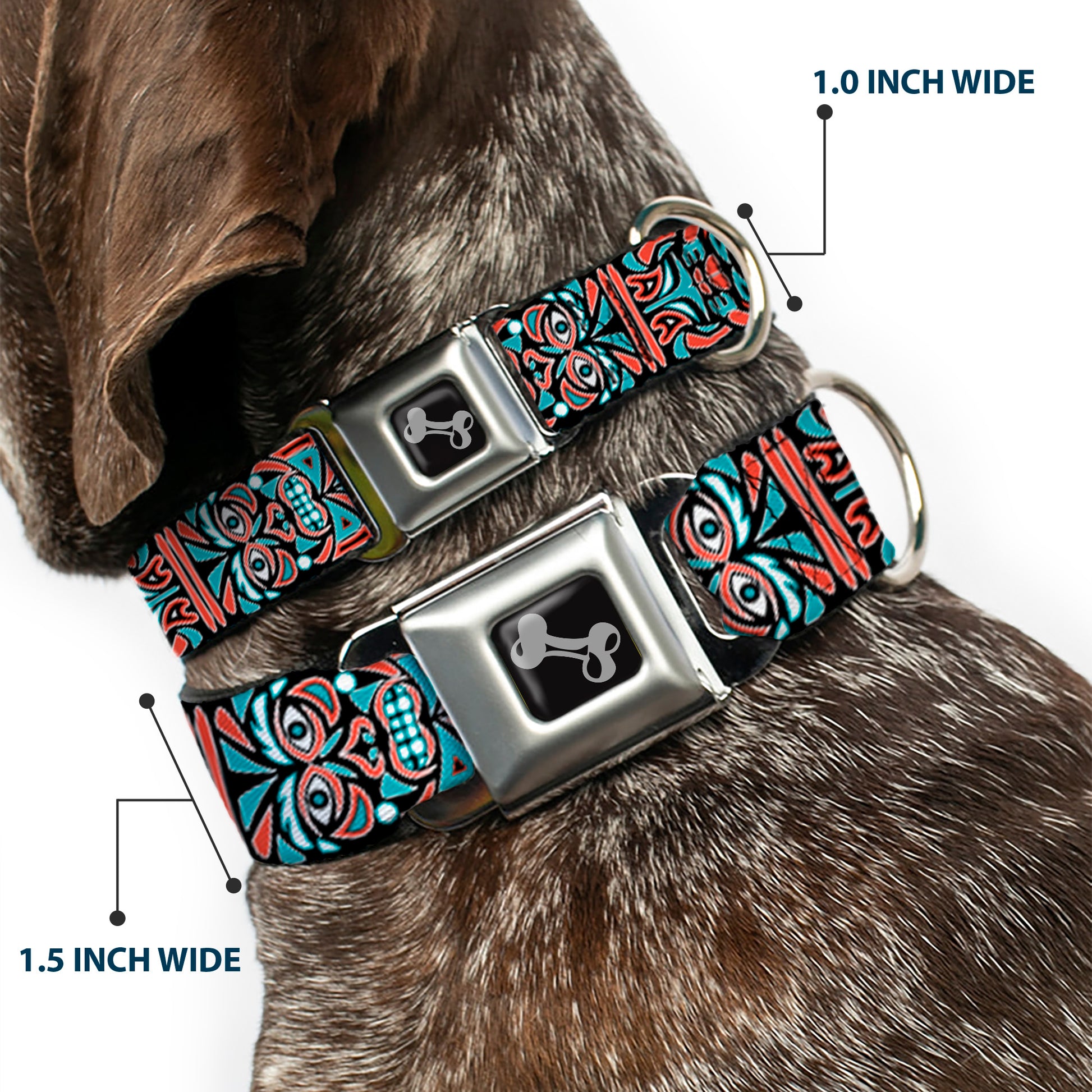 Dog Bone Seatbelt Buckle Collar - Totem Carvings Black/White/Orange/Turquoise Seatbelt Buckle Collars Buckle-Down