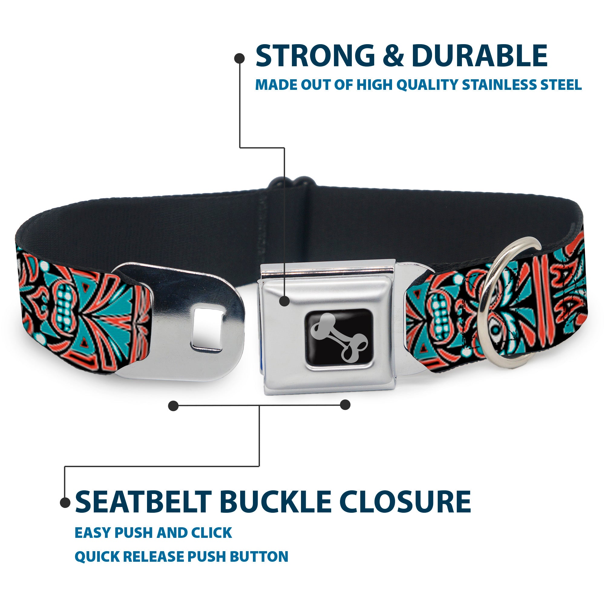 Dog Bone Seatbelt Buckle Collar - Totem Carvings Black/White/Orange/Turquoise Seatbelt Buckle Collars Buckle-Down
