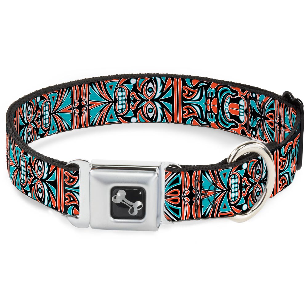 Dog Bone Seatbelt Buckle Collar - Totem Carvings Black/White/Orange/Turquoise Seatbelt Buckle Collars Buckle-Down