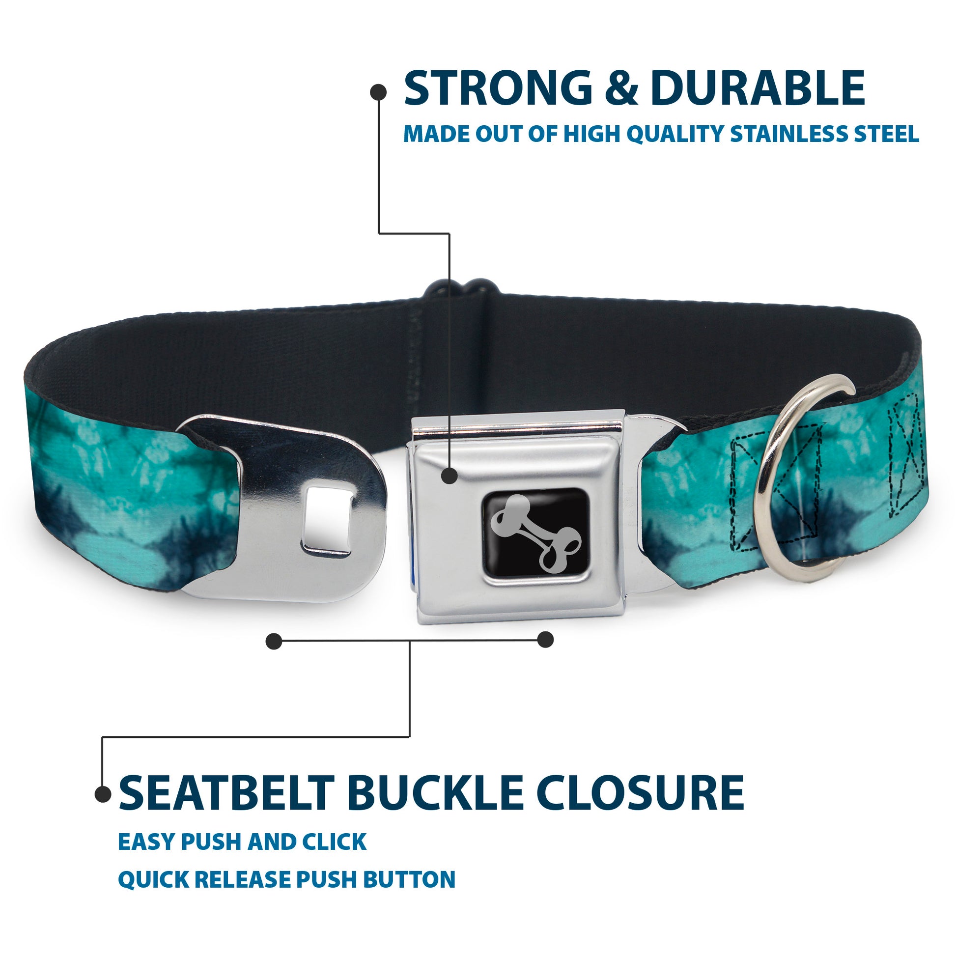Dog Bone Seatbelt Buckle Collar - Tie Dye Reflection Turquoise Blues Seatbelt Buckle Collars Buckle-Down