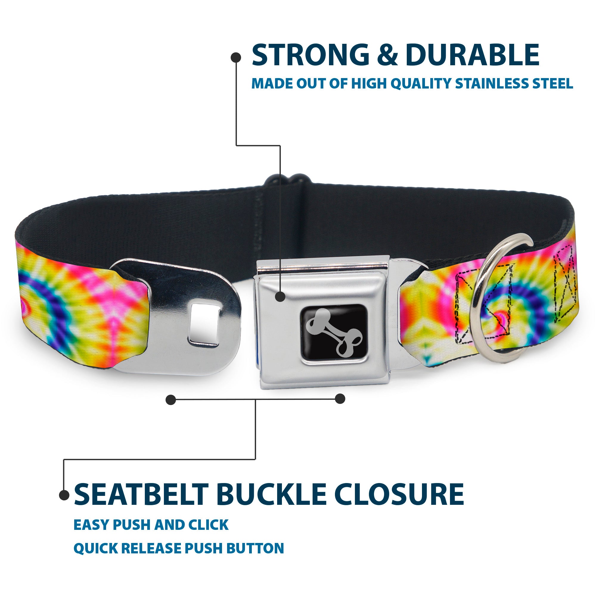 Dog Bone Seatbelt Buckle Collar - Tie Dye Swirl Multi Color/White Seatbelt Buckle Collars Buckle-Down