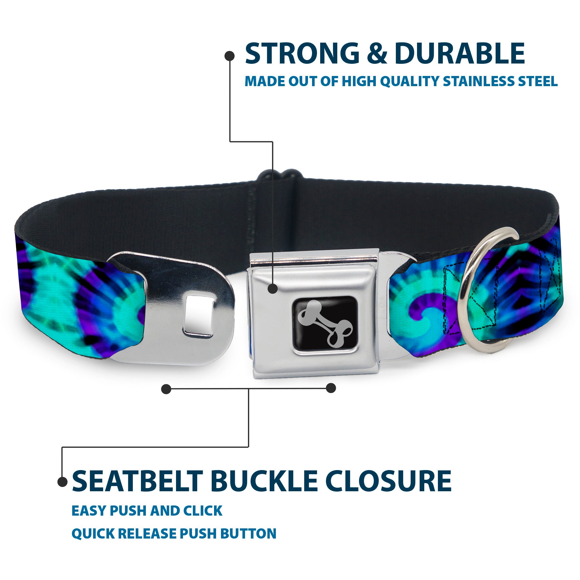 Dog Bone Seatbelt Buckle Collar - Tie Dye Swirl Purples/Blues Seatbelt Buckle Collars Buckle-Down