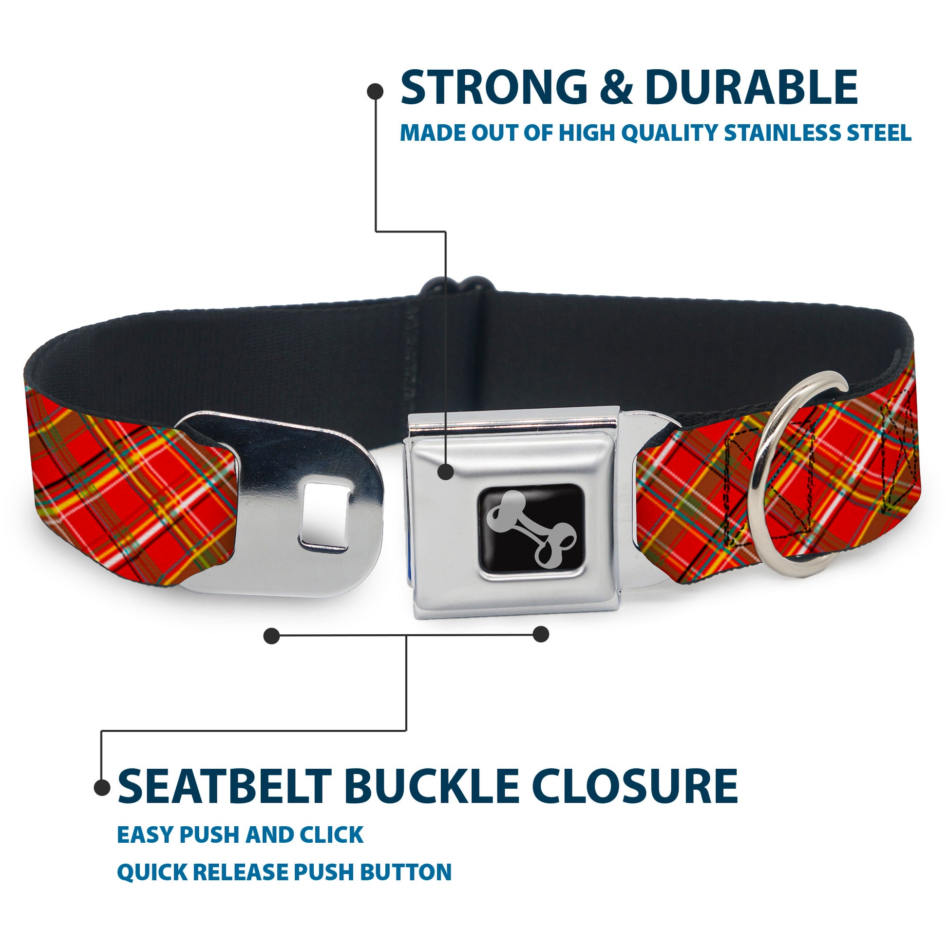 Dog Bone Seatbelt Buckle Collar - Tartan Plaid2 Red/Green/Yellow Seatbelt Buckle Collars Buckle-Down