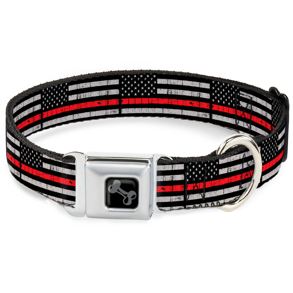 Dog Bone Black/Silver Seatbelt Buckle Collar - Thin Red Line Flag Weathered Black/Gray/Red Seatbelt Buckle Collars Buckle-Down