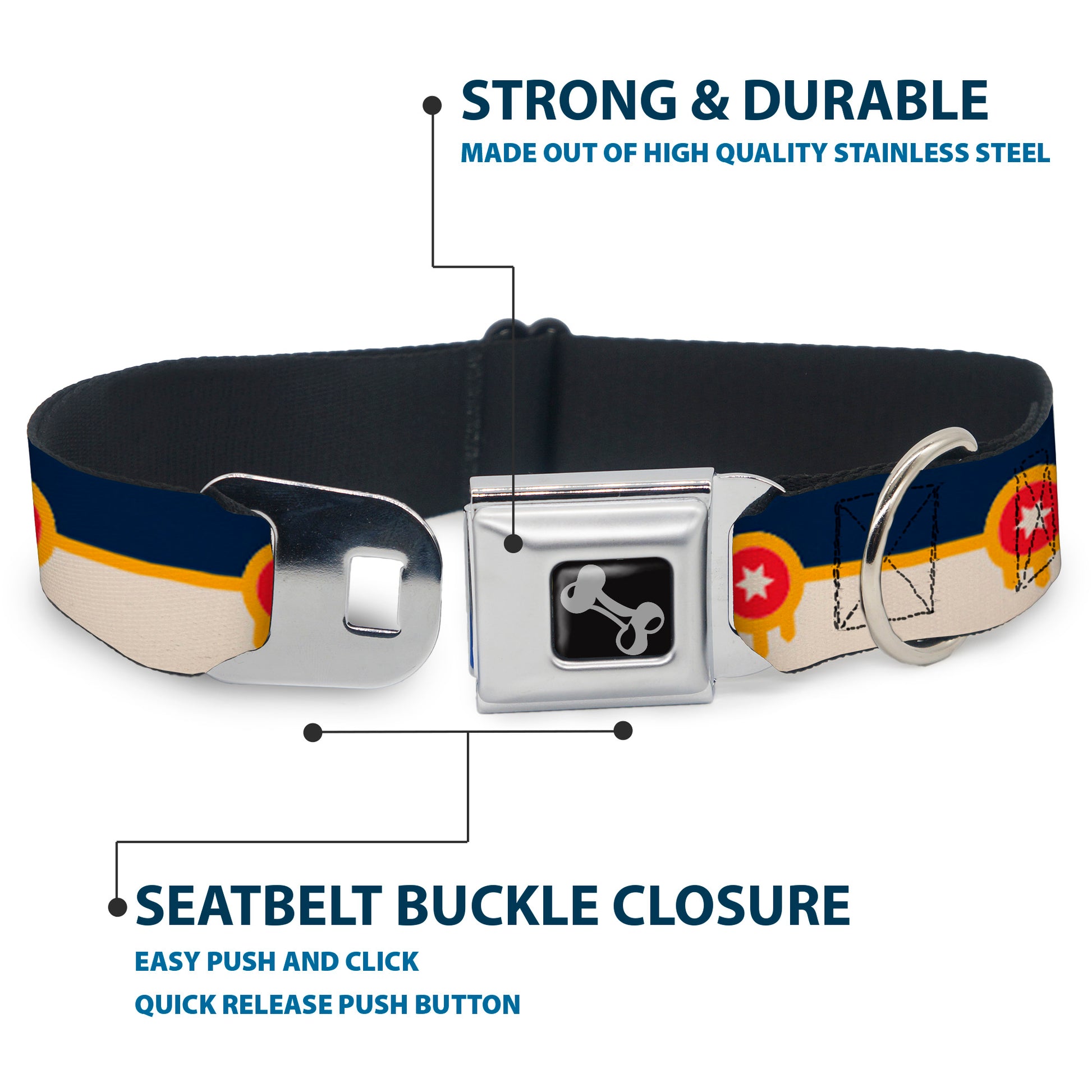 Dog Bone Black/Silver Seatbelt Buckle Collar - Tulsa Oklahoma City Flag Navy Blue/Gold/Red/Beige Seatbelt Buckle Collars Buckle-Down