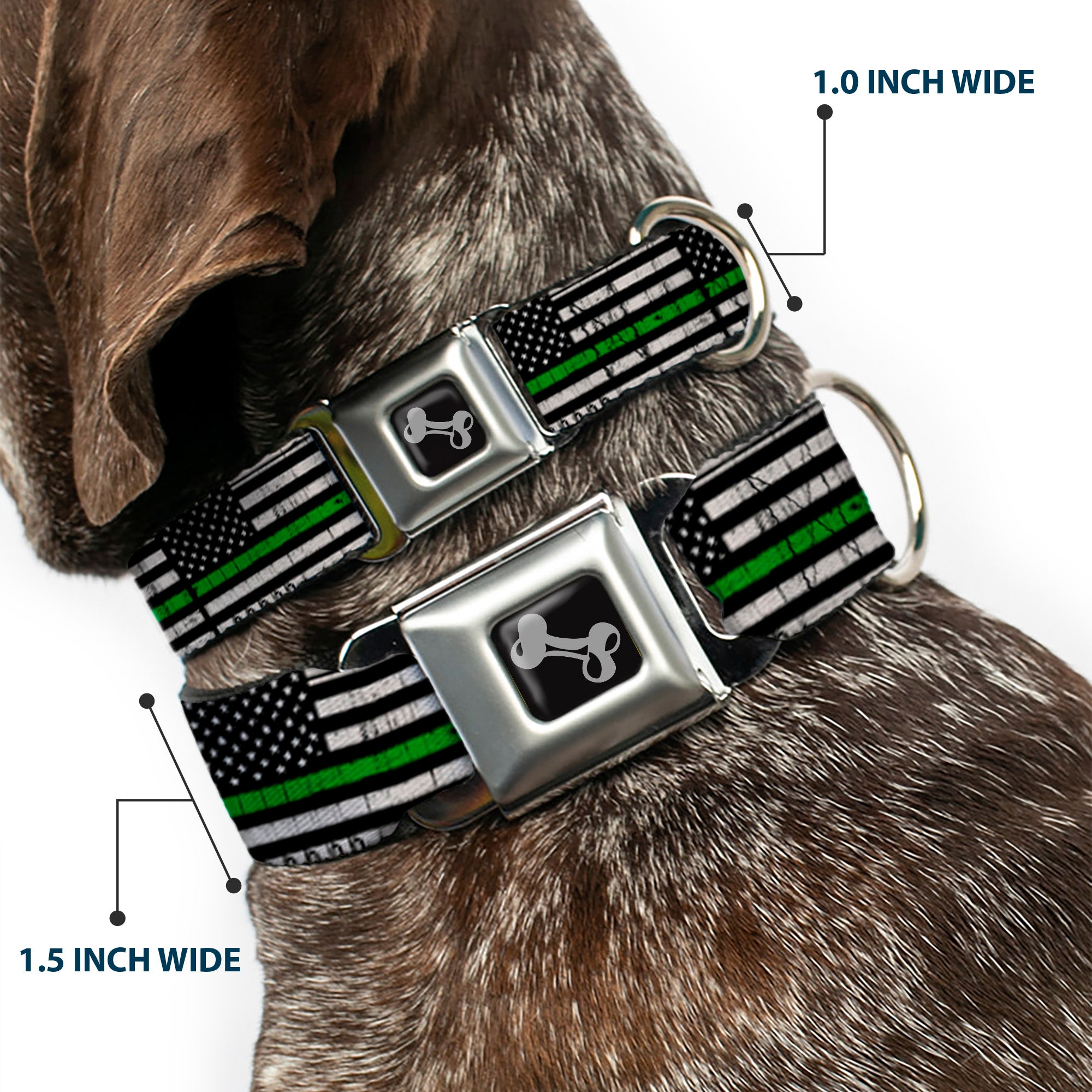 Dog Bone Black/Silver Seatbelt Buckle Collar - Thin Green Line Flag Weathered Black/Gray/Green Seatbelt Buckle Collars Buckle-Down