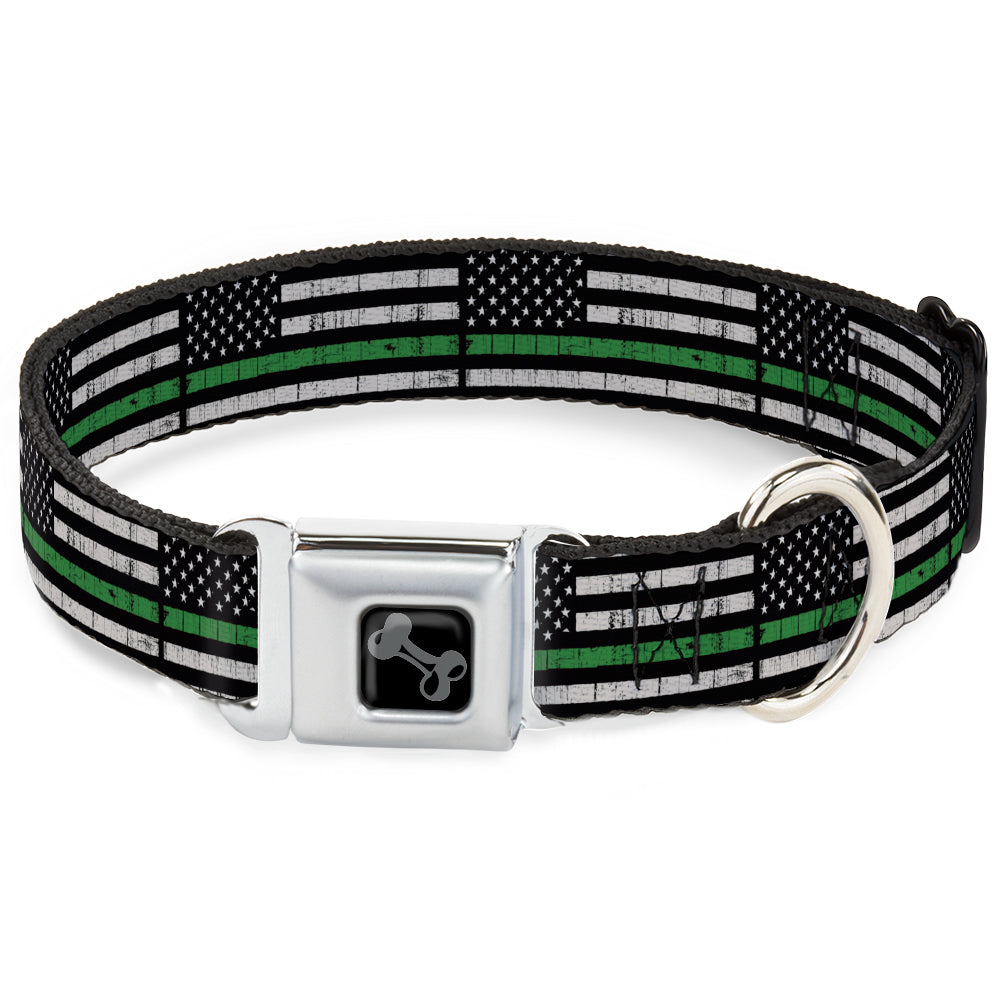 Dog Bone Black/Silver Seatbelt Buckle Collar - Thin Green Line Flag Weathered Black/Gray/Green Seatbelt Buckle Collars Buckle-Down