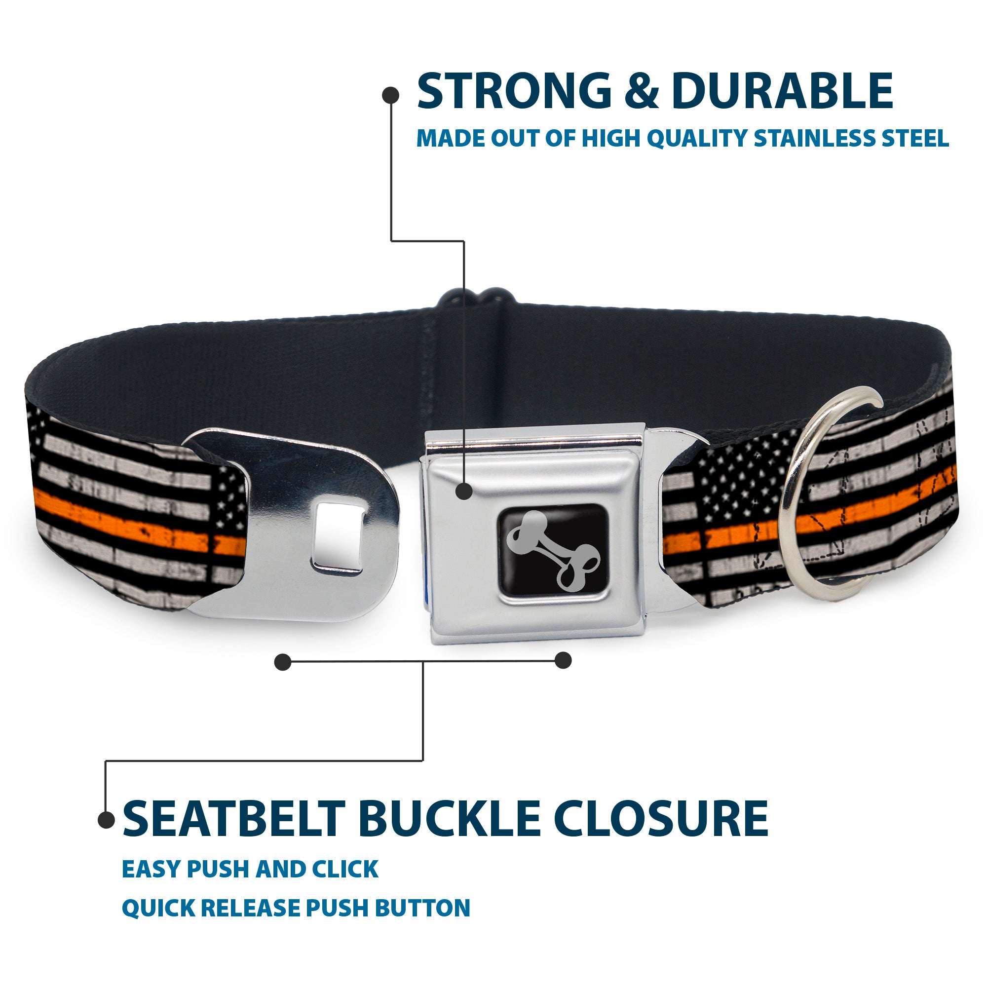Dog Bone Black/Silver Seatbelt Buckle Collar - Thin Orange Line Flag Weathered Black/Gray/Orange Seatbelt Buckle Collars Buckle-Down