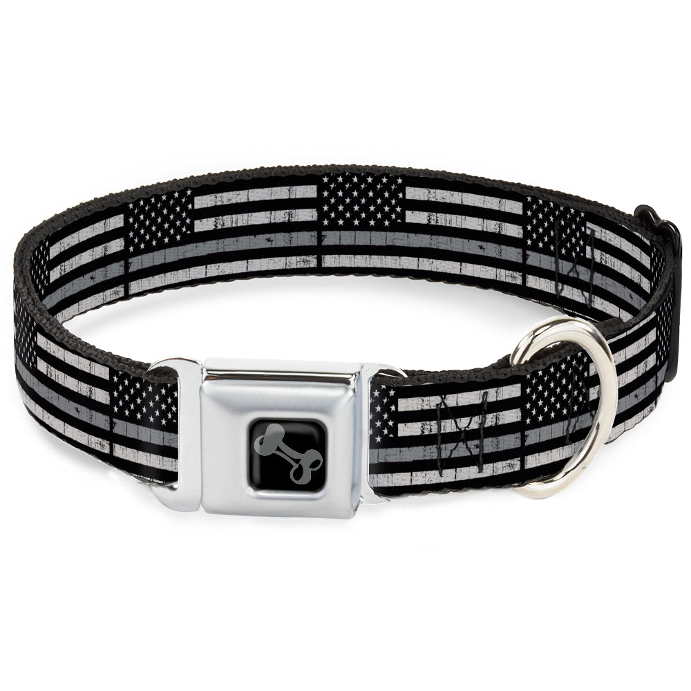 Dog Bone Black/Silver Seatbelt Buckle Collar - Thin Gray Line Flag Weathered Black/Grays Seatbelt Buckle Collars Buckle-Down, Inc.