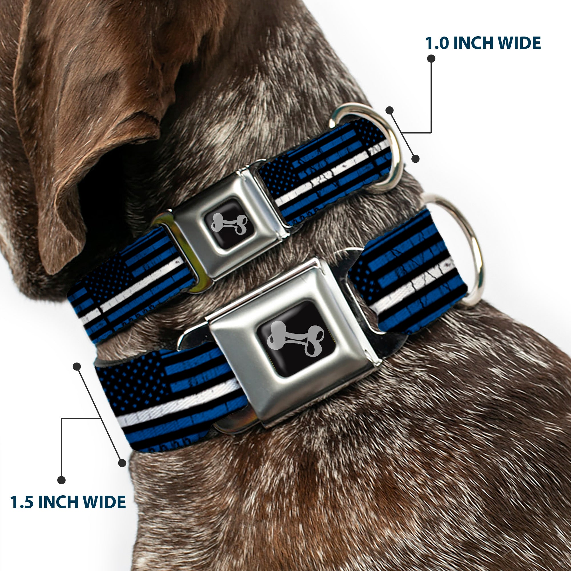 Dog Bone Black/Silver Seatbelt Buckle Collar - Thin White Line Flag Weathered Black/Blue/White Seatbelt Buckle Collars Buckle-Down