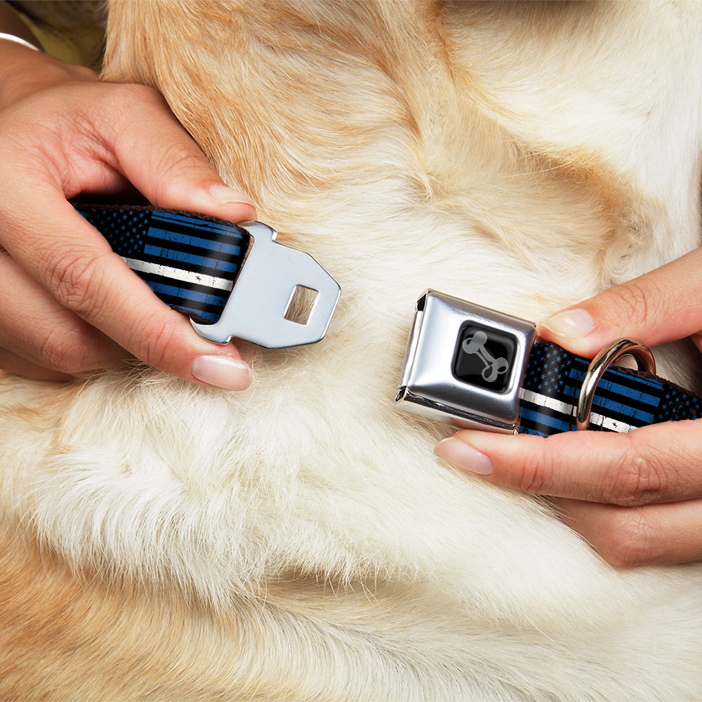 Dog Bone Black/Silver Seatbelt Buckle Collar - Thin White Line Flag Weathered Black/Blue/White Seatbelt Buckle Collars Buckle-Down