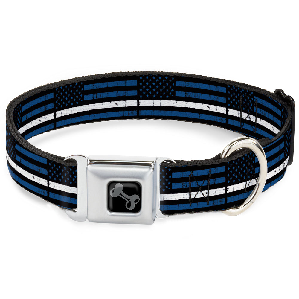 Dog Bone Black/Silver Seatbelt Buckle Collar - Thin White Line Flag Weathered Black/Blue/White Seatbelt Buckle Collars Buckle-Down