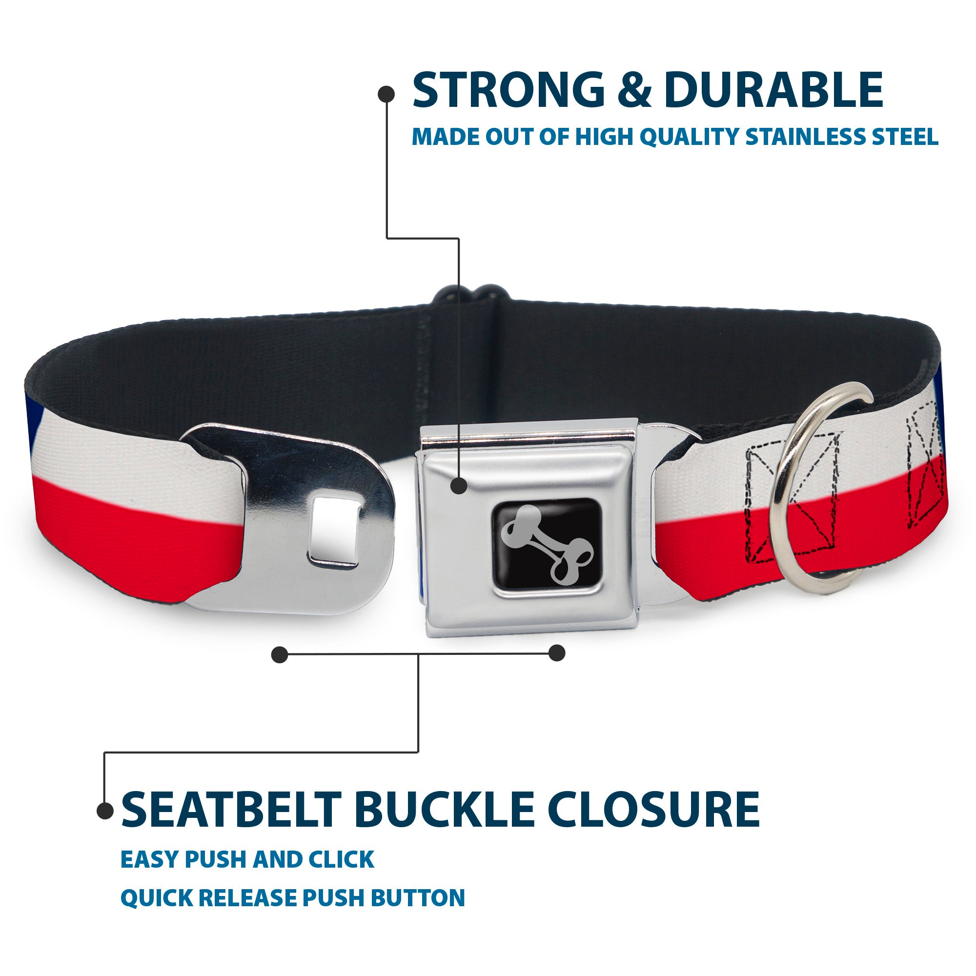 Dog Bone Black/Silver Seatbelt Buckle Collar - Texas Flag Continuous Repeat Seatbelt Buckle Collars Buckle-Down