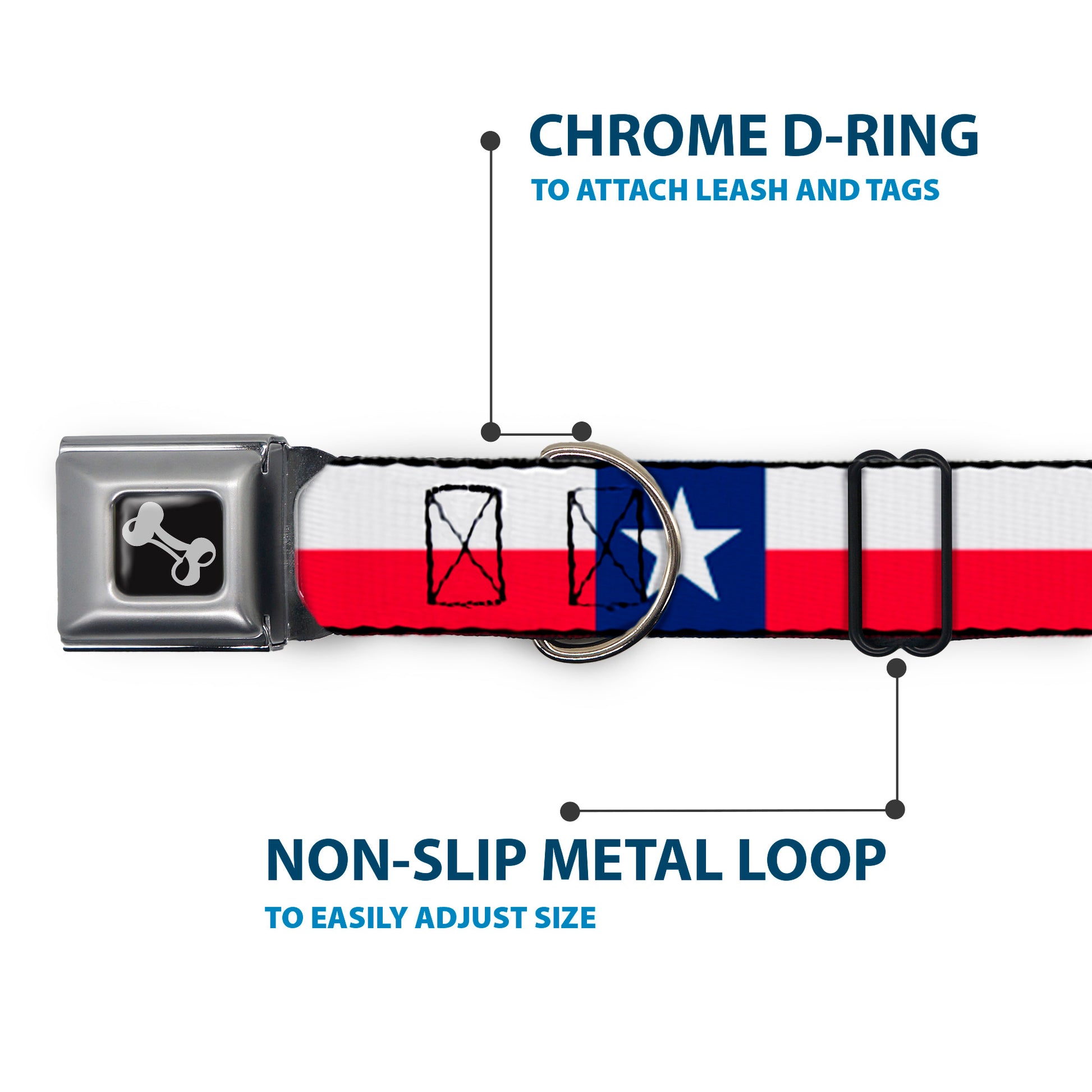 Dog Bone Black/Silver Seatbelt Buckle Collar - Texas Flag Continuous Repeat Seatbelt Buckle Collars Buckle-Down