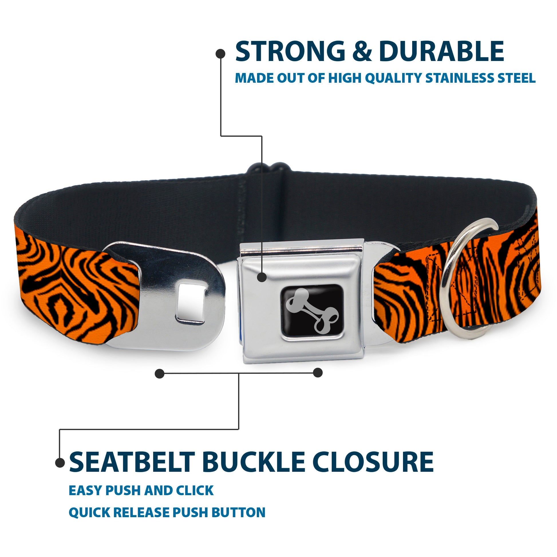 Dog Bone Black/Silver Seatbelt Buckle Collar - Tiger2 Orange/Black Seatbelt Buckle Collars Buckle-Down