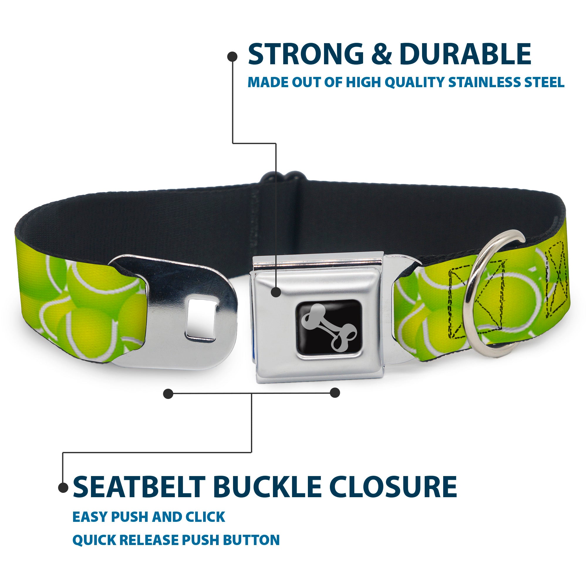 Dog Bone Black/Silver Seatbelt Buckle Collar - Tennis Balls Stacked Seatbelt Buckle Collars Buckle-Down