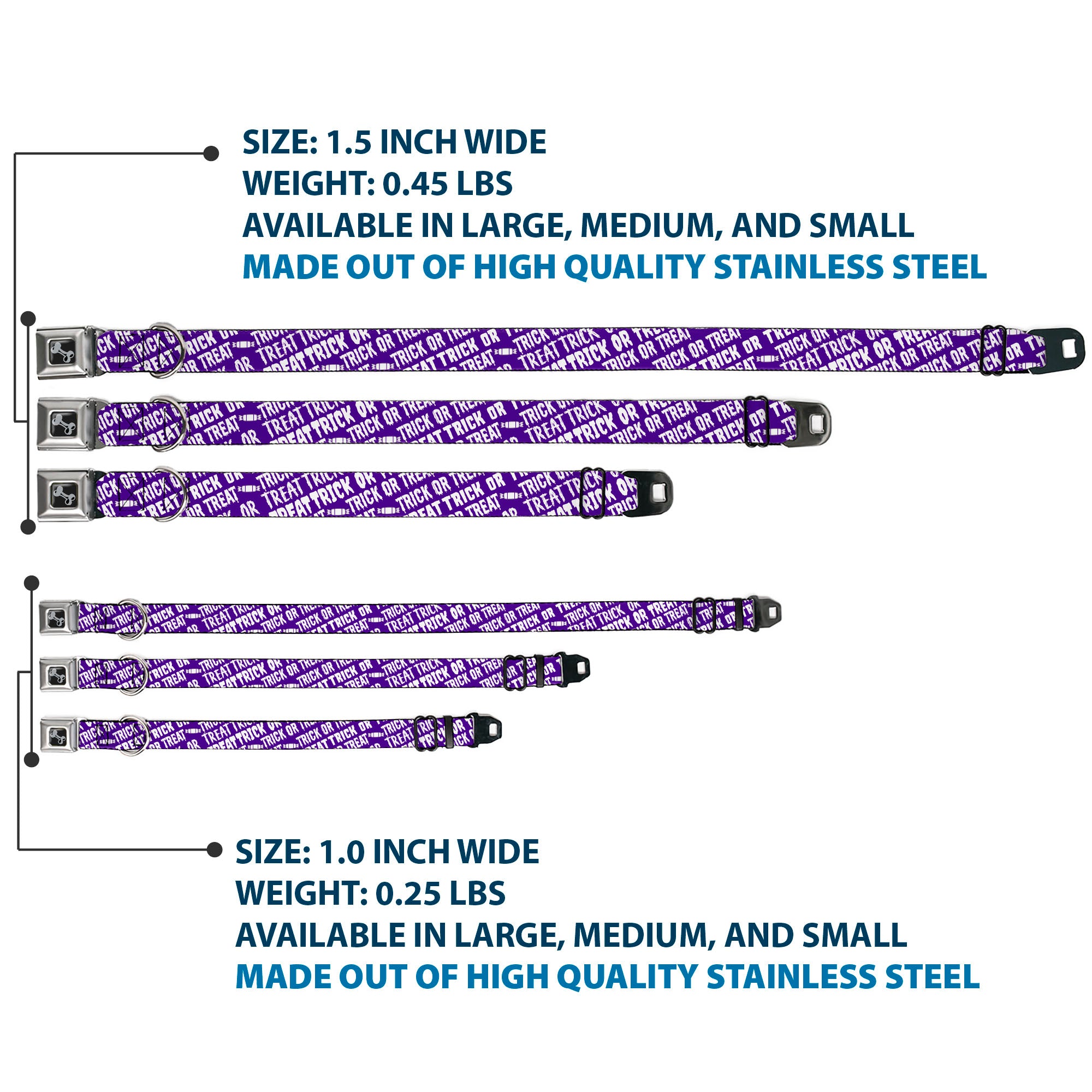 Dog Bone Black/Silver Seatbelt Buckle Collar - TRICK OR TREAT Text Collage Purple/White Seatbelt Buckle Collars Buckle-Down