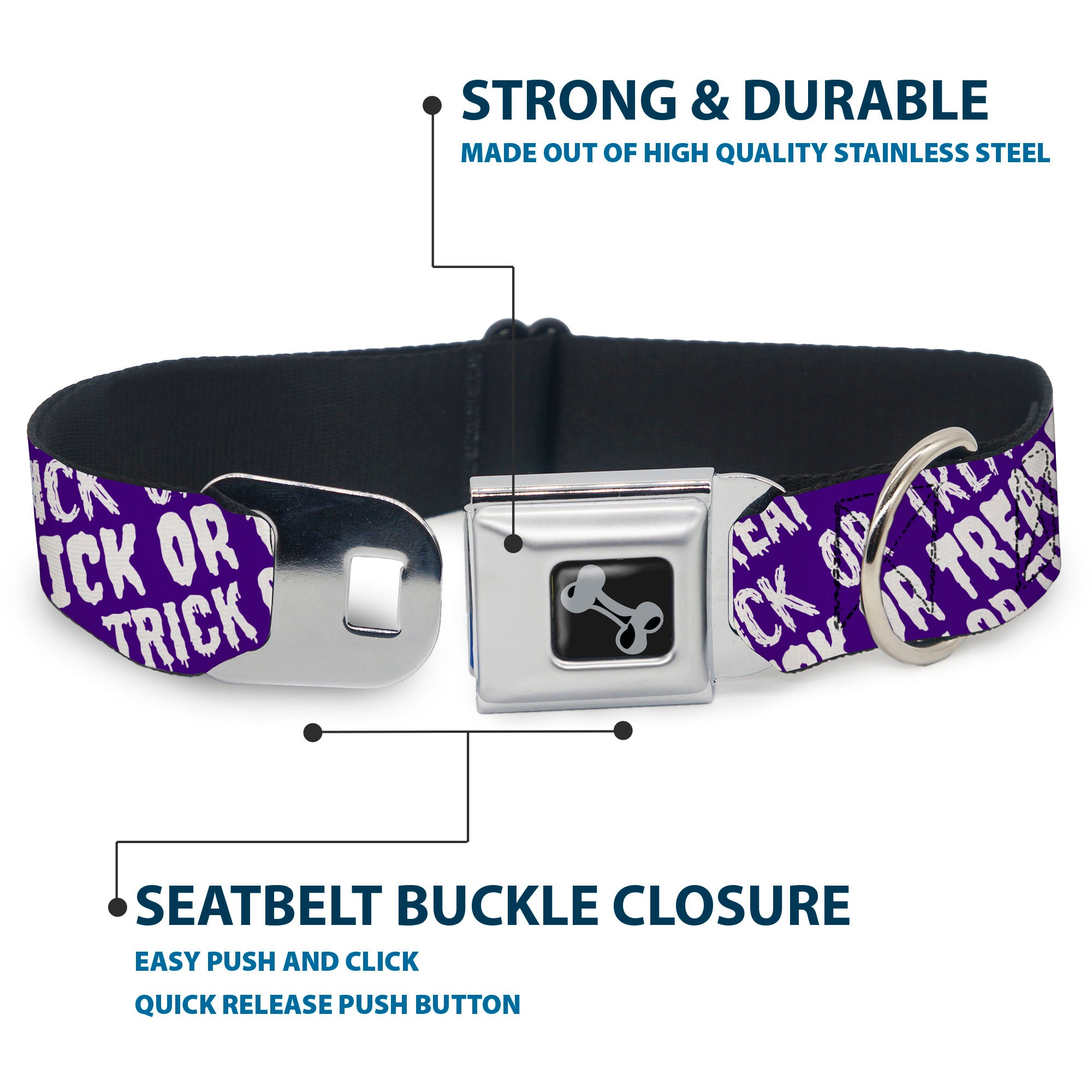 Dog Bone Black/Silver Seatbelt Buckle Collar - TRICK OR TREAT Text Collage Purple/White Seatbelt Buckle Collars Buckle-Down