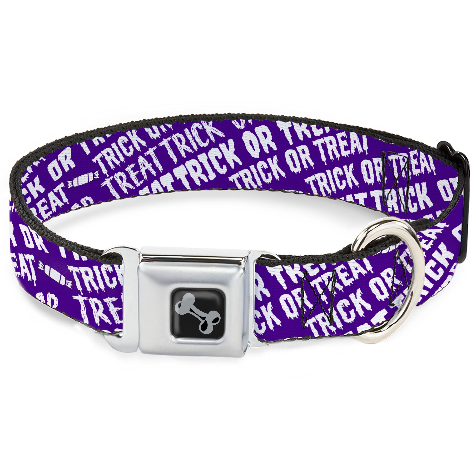 Dog Bone Black/Silver Seatbelt Buckle Collar - TRICK OR TREAT Text Collage Purple/White Seatbelt Buckle Collars Buckle-Down