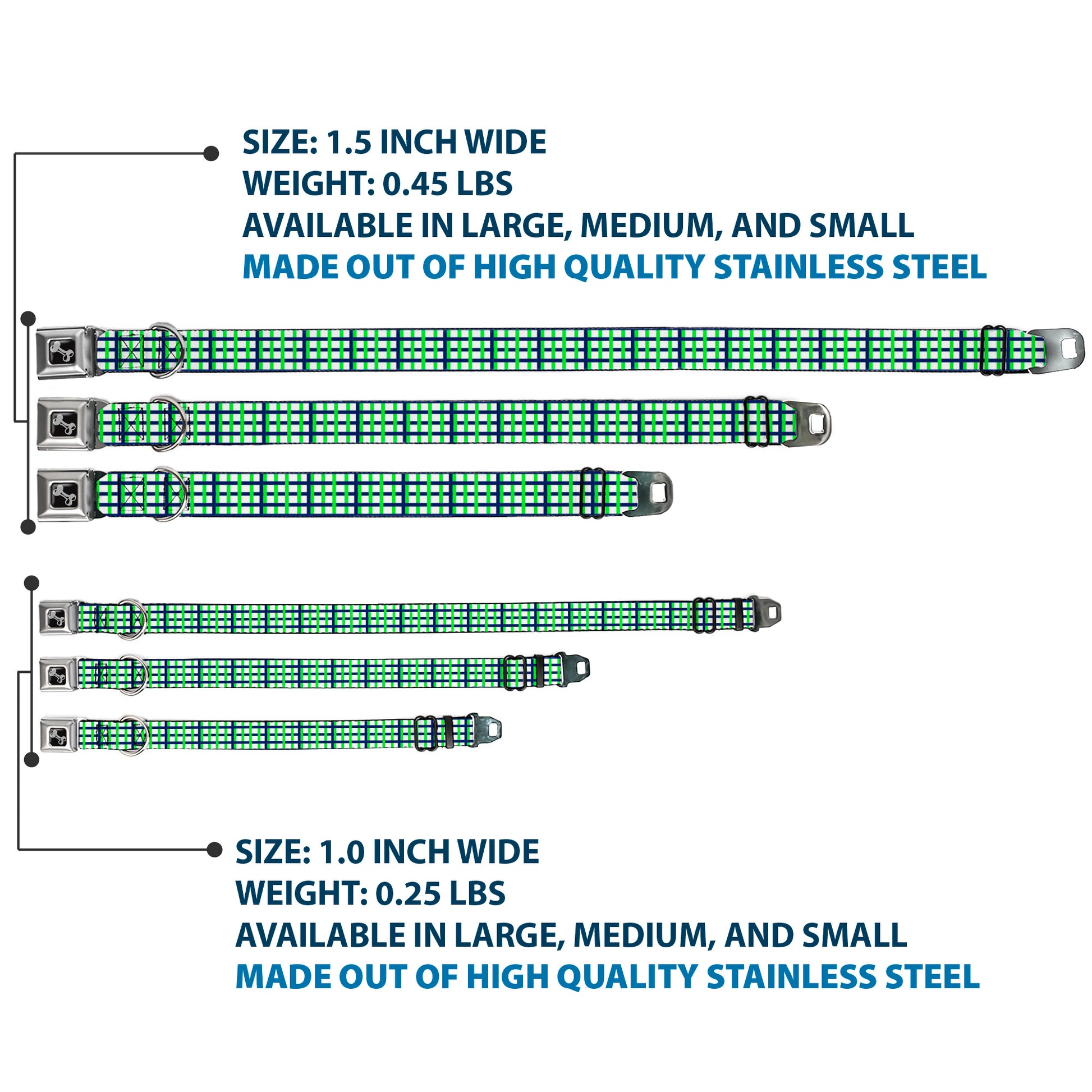 Dog Bone Black/Silver Seatbelt Buckle Collar - Basketweave Plaid White/Navy/Bright Green Seatbelt Buckle Collars Buckle-Down