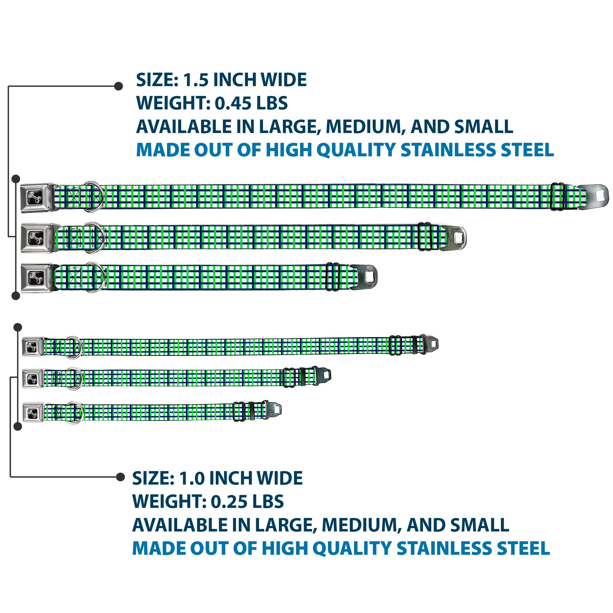 Dog Bone Black/Silver Seatbelt Buckle Collar - Basketweave Plaid White/Navy/Bright Green Seatbelt Buckle Collars Buckle-Down
