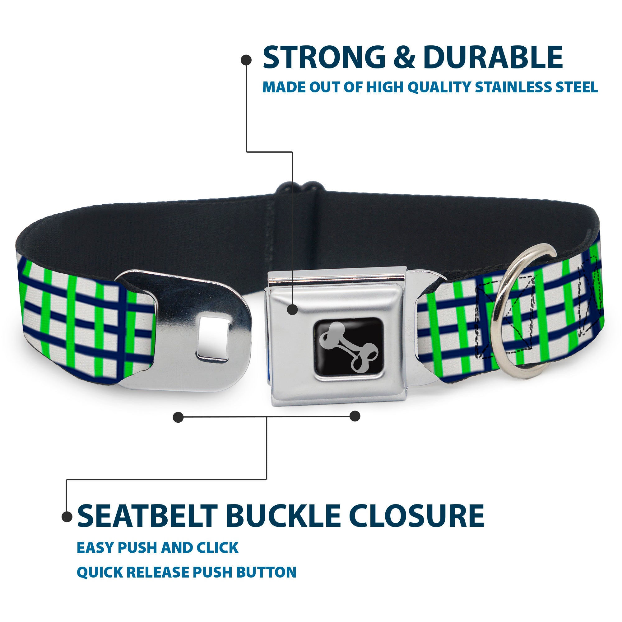 Dog Bone Black/Silver Seatbelt Buckle Collar - Basketweave Plaid White/Navy/Bright Green Seatbelt Buckle Collars Buckle-Down