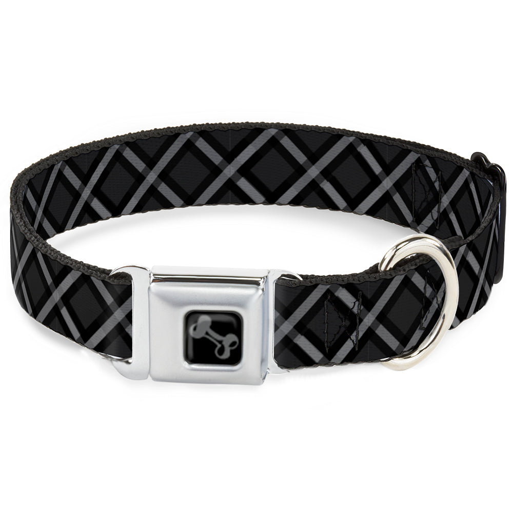 Dog Bone Black/Silver Seatbelt Buckle Collar - Buffalo Plaid X Charcoal/Black/Gray Seatbelt Buckle Collars Buckle-Down