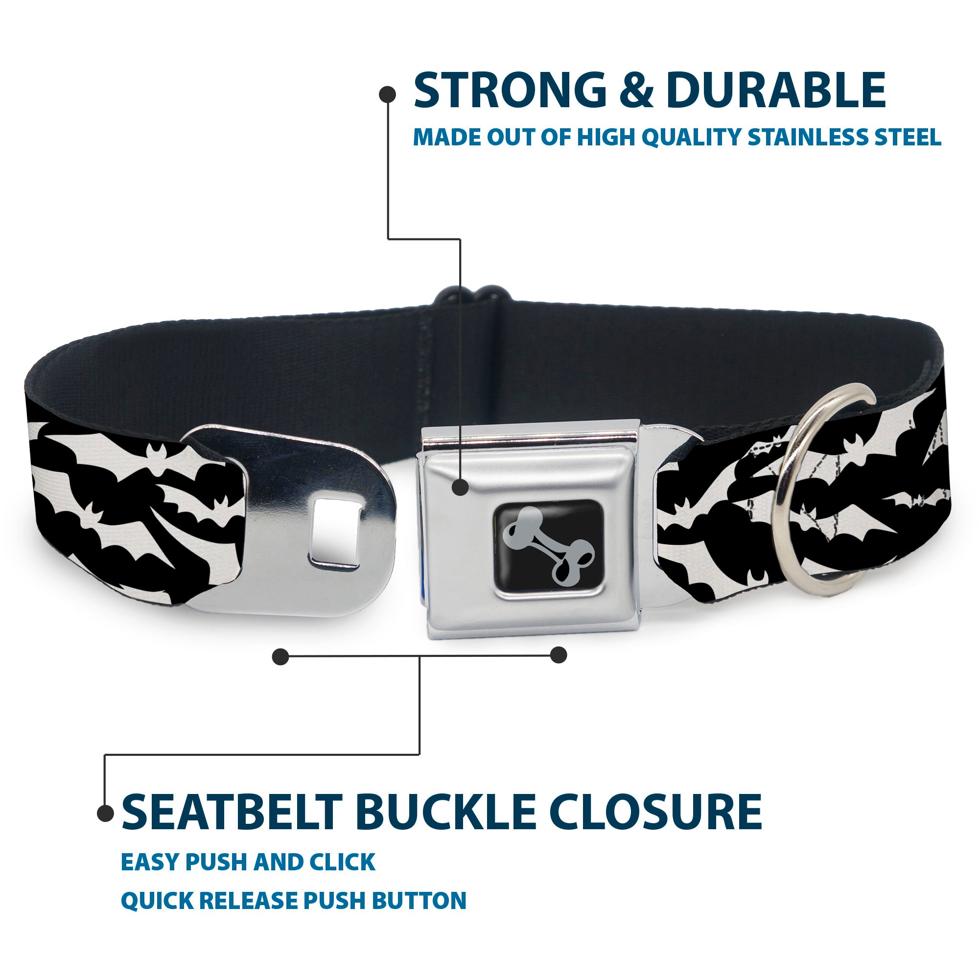 Dog Bone Black/Silver Seatbelt Buckle Collar - Bats Flying Scattered Black/White Seatbelt Buckle Collars Buckle-Down