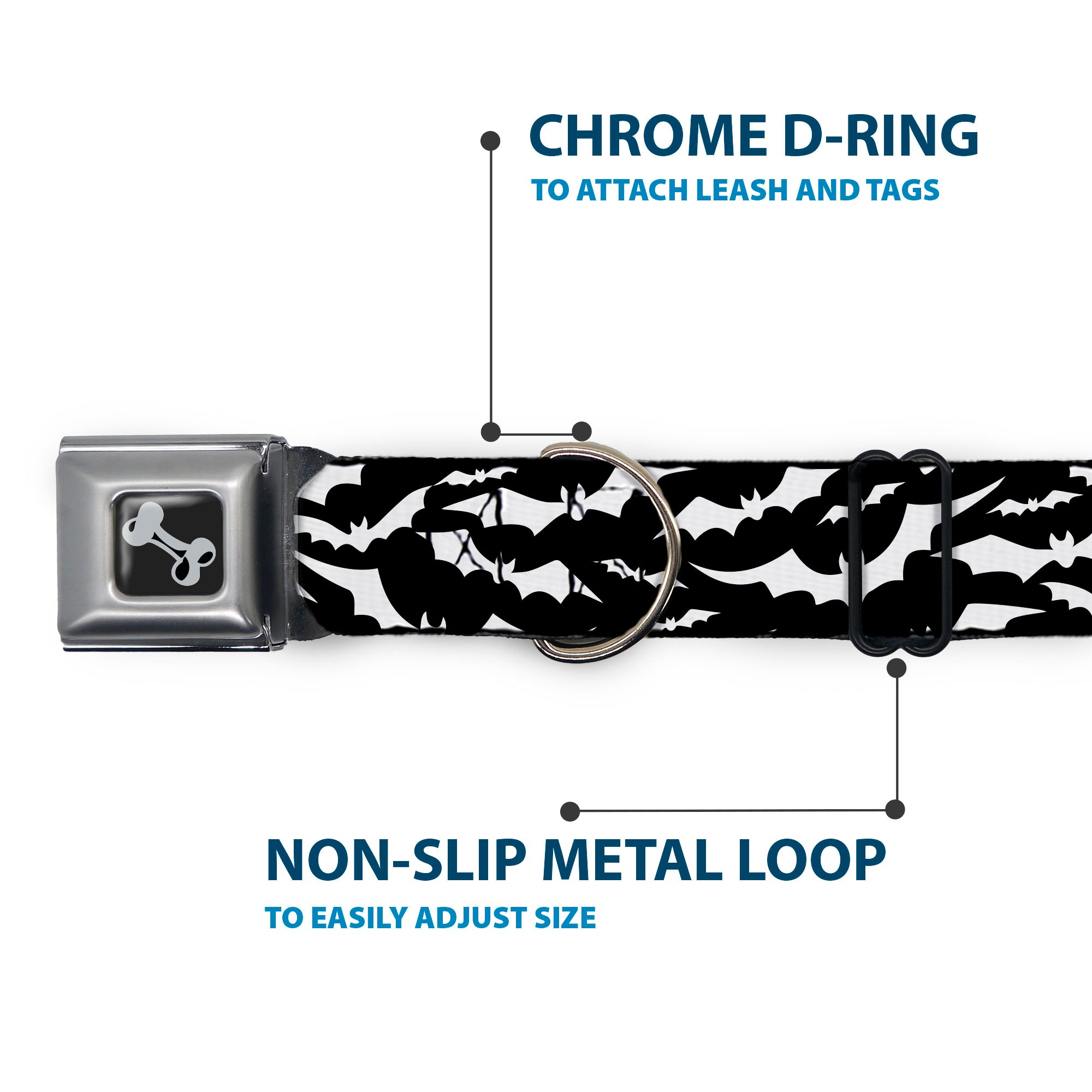 Dog Bone Black/Silver Seatbelt Buckle Collar - Bats Flying Scattered Black/White Seatbelt Buckle Collars Buckle-Down