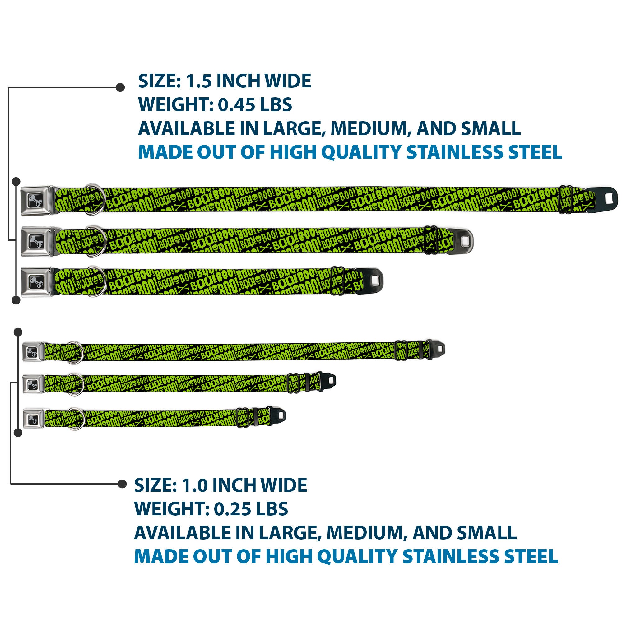 Dog Bone Black/Silver Seatbelt Buckle Collar - BOO Text Skull and Crossbones Black/Green Seatbelt Buckle Collars Buckle-Down