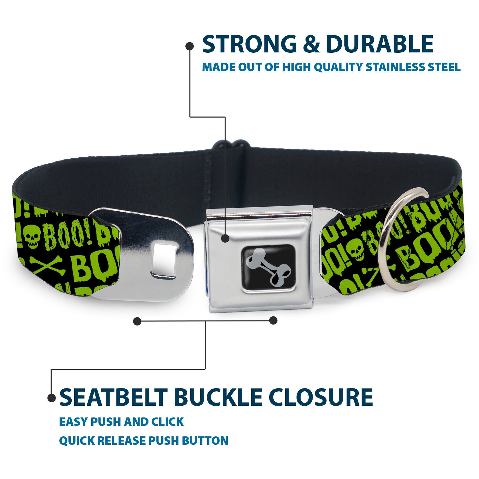 Dog Bone Black/Silver Seatbelt Buckle Collar - BOO Text Skull and Crossbones Black/Green Seatbelt Buckle Collars Buckle-Down