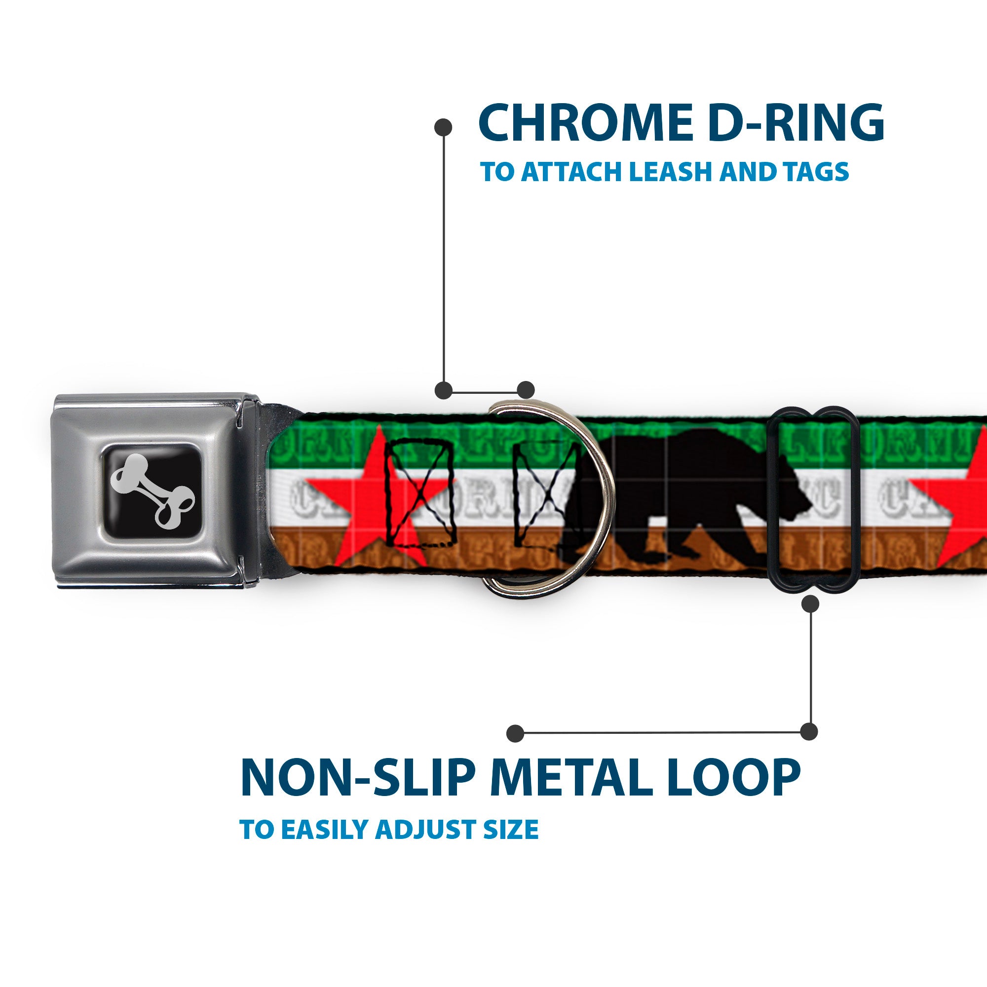 Dog Bone Seatbelt Buckle Collar - Cali Bear Silhouette & Star/CALIFORNIA REPUBLIC Green/White/Brown/Black/Red Seatbelt Buckle Collars Buckle-Down