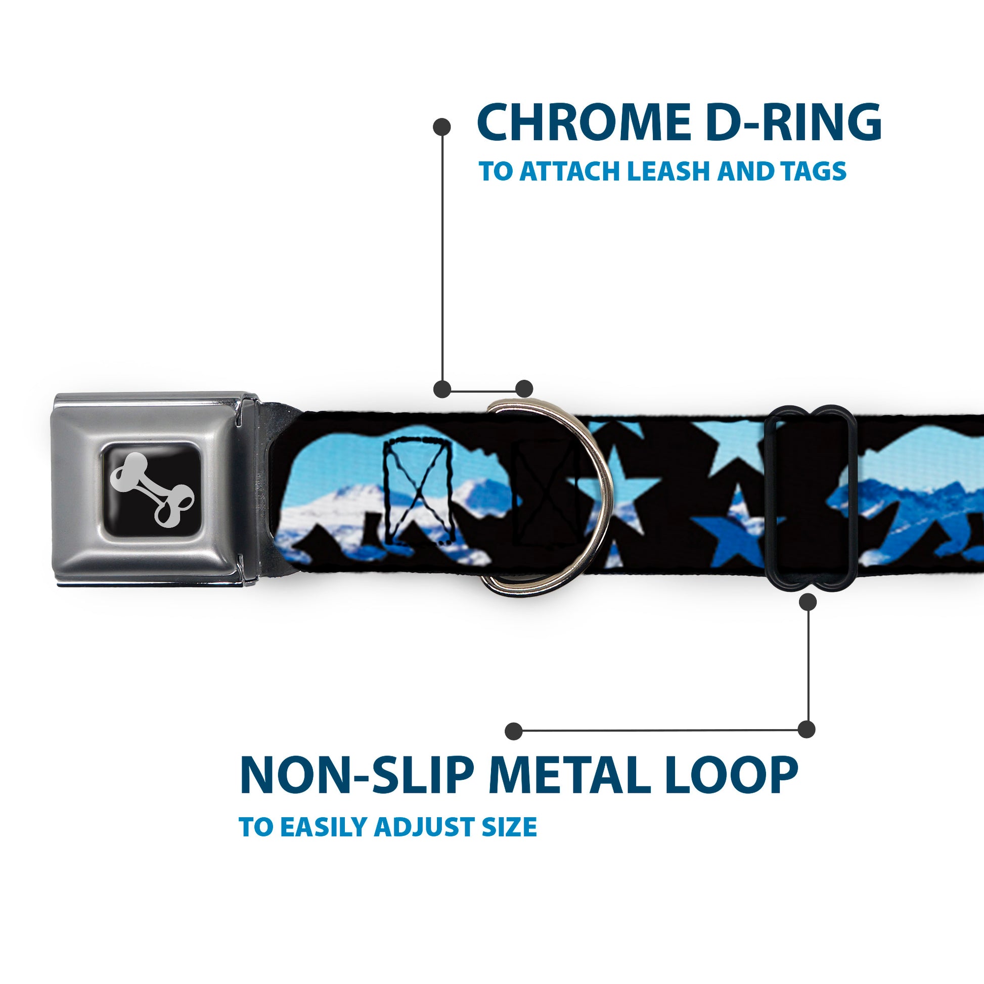 Dog Bone Seatbelt Buckle Collar - CALIFORNIA REPUBLIC/Bear/Stars Silhouette Black/Scenic Mountains Seatbelt Buckle Collars Buckle-Down