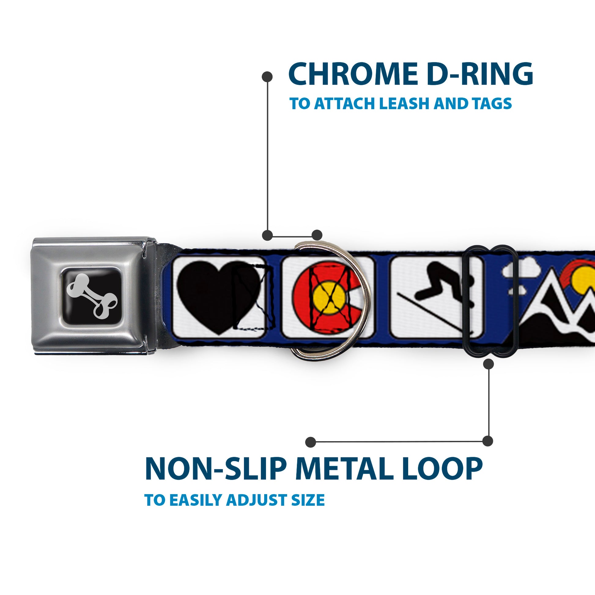 Dog Bone Seatbelt Buckle Collar - I HEART COLORADO SKIING Logos/Mountain Seatbelt Buckle Collars Buckle-Down