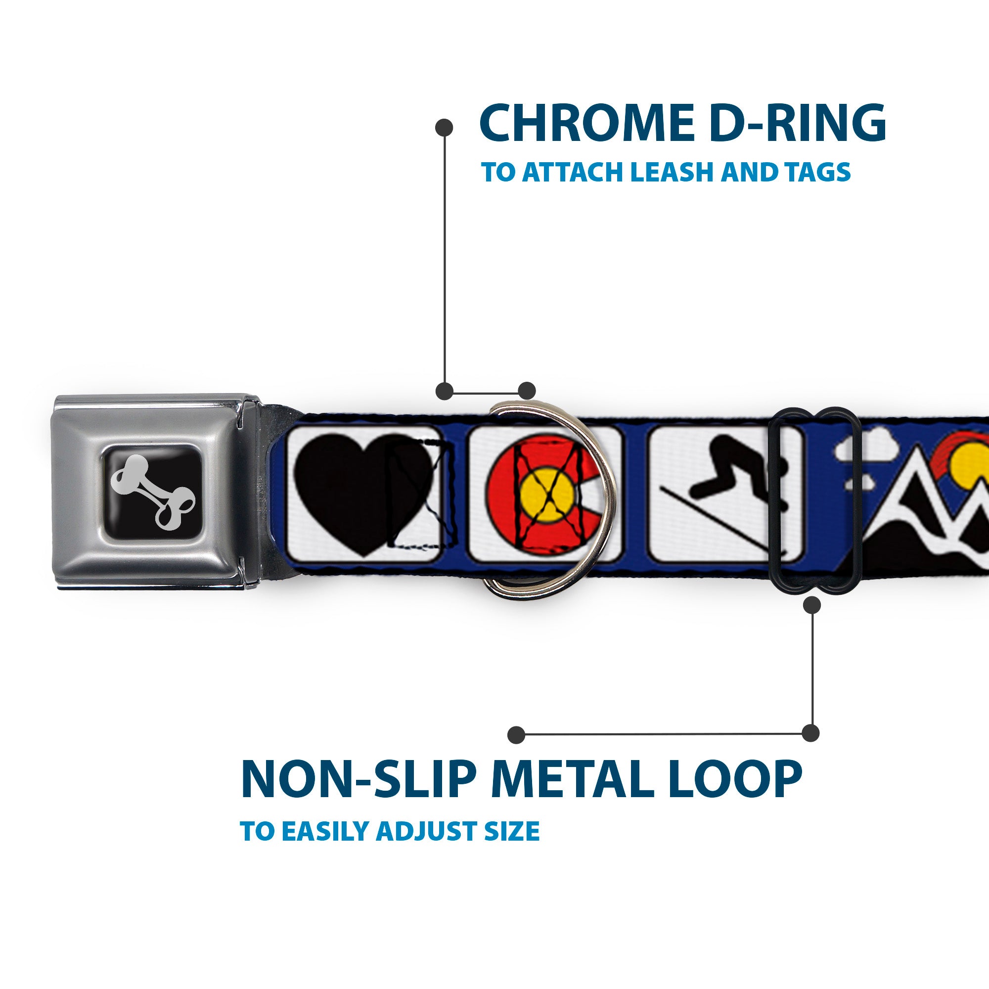 Dog Bone Seatbelt Buckle Collar - I HEART COLORADO SKIING Logos/Mountain Seatbelt Buckle Collars Buckle-Down