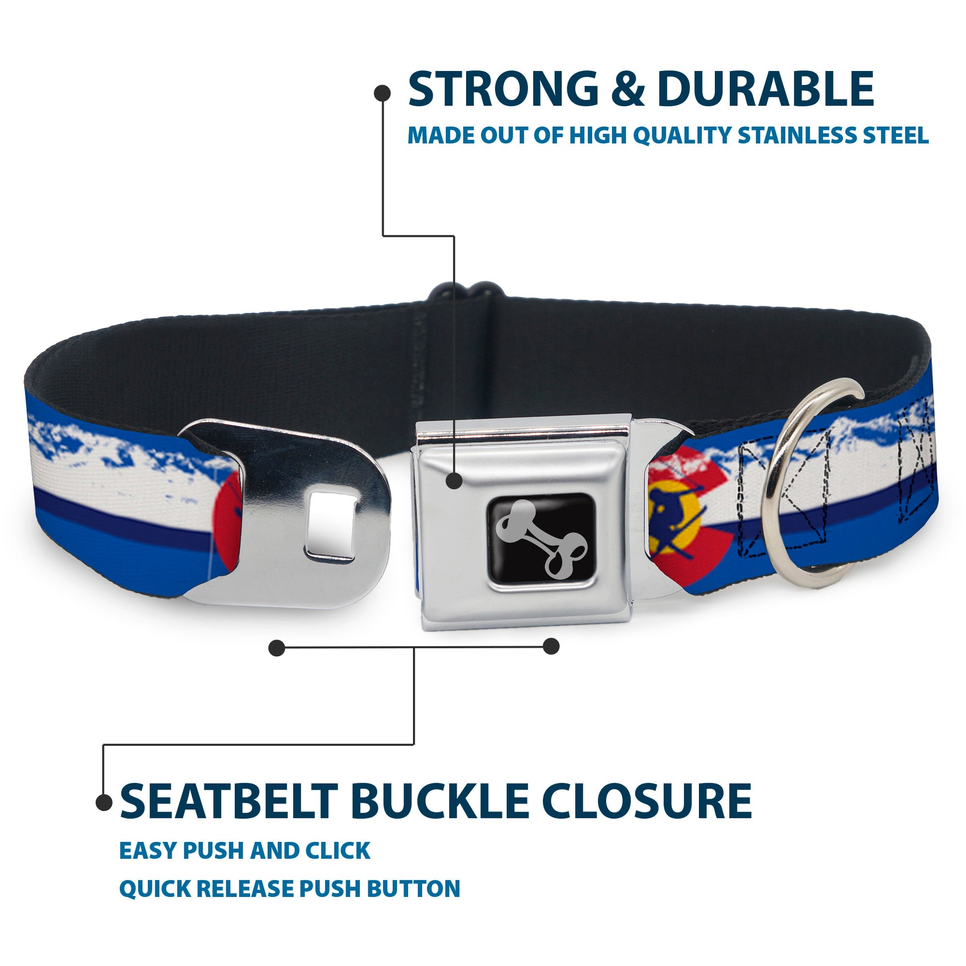 Dog Bone Seatbelt Buckle Collar - Colorado Skier4/Mountains Blues/White/Red/Yellow Seatbelt Buckle Collars Buckle-Down