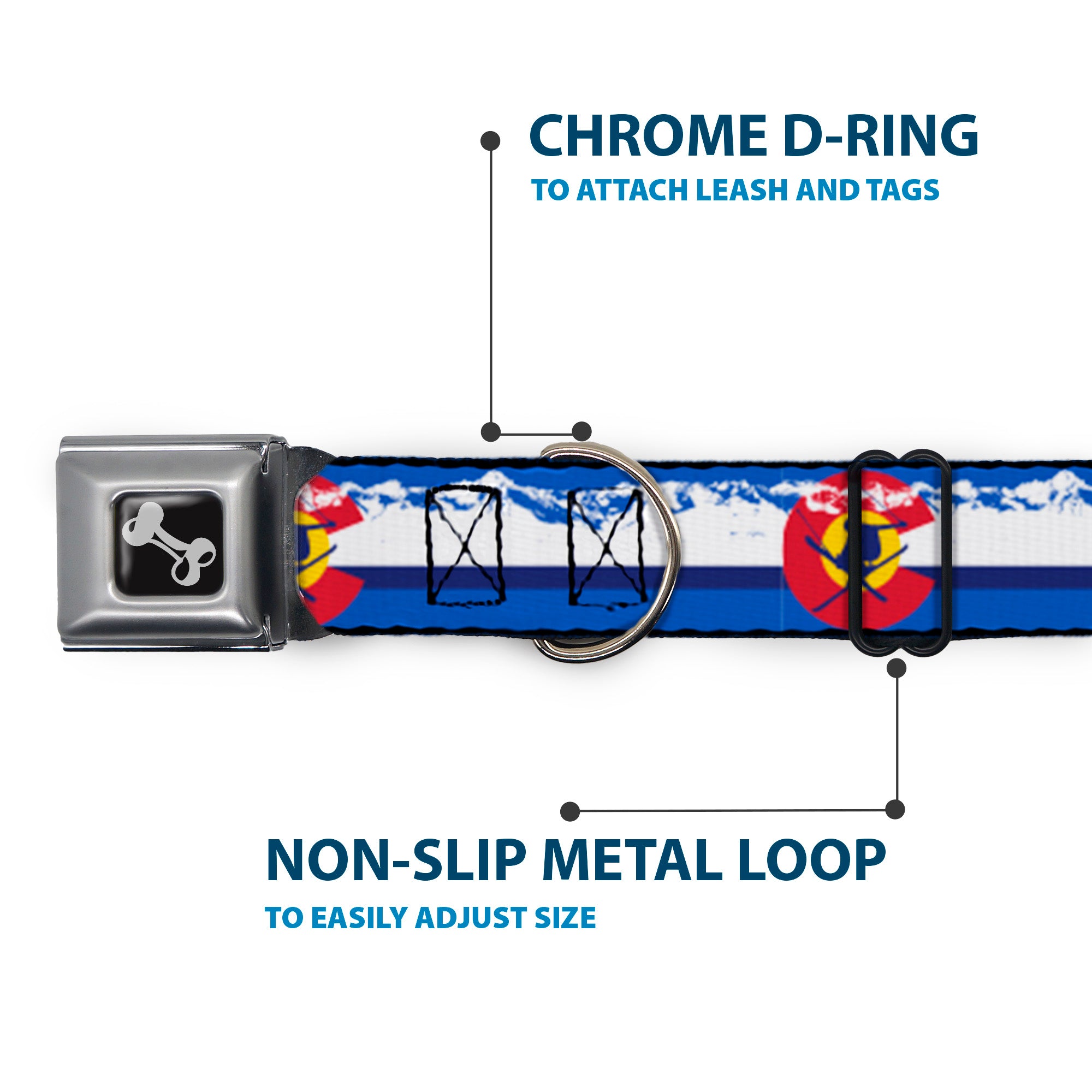 Dog Bone Seatbelt Buckle Collar - Colorado Skier4/Mountains Blues/White/Red/Yellow Seatbelt Buckle Collars Buckle-Down