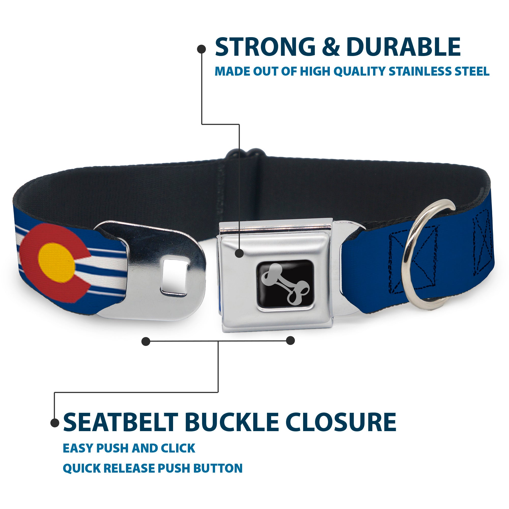 Dog Bone Seatbelt Buckle Collar - Colorado Logo/Skis Blue/White/Red/Yellow Seatbelt Buckle Collars Buckle-Down