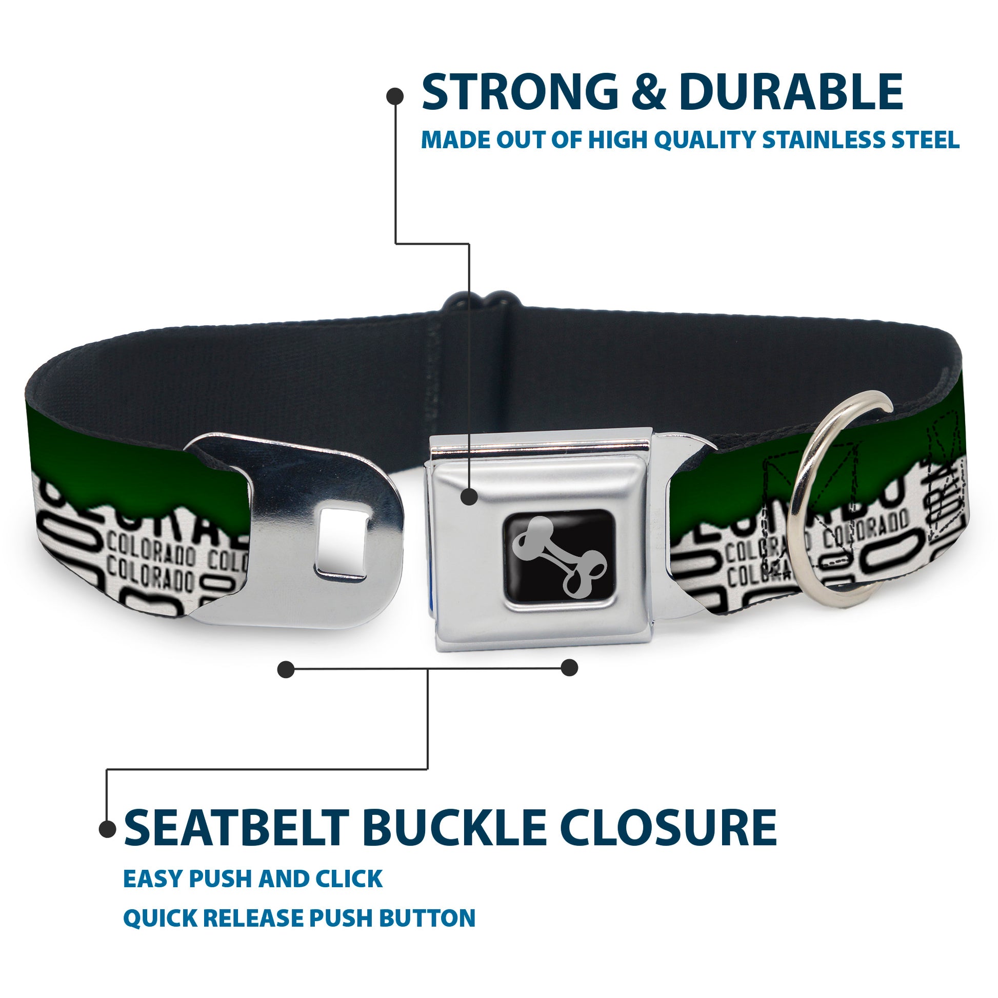 Dog Bone Seatbelt Buckle Collar - Colorado Mountains Green/White/Black Text Seatbelt Buckle Collars Buckle-Down