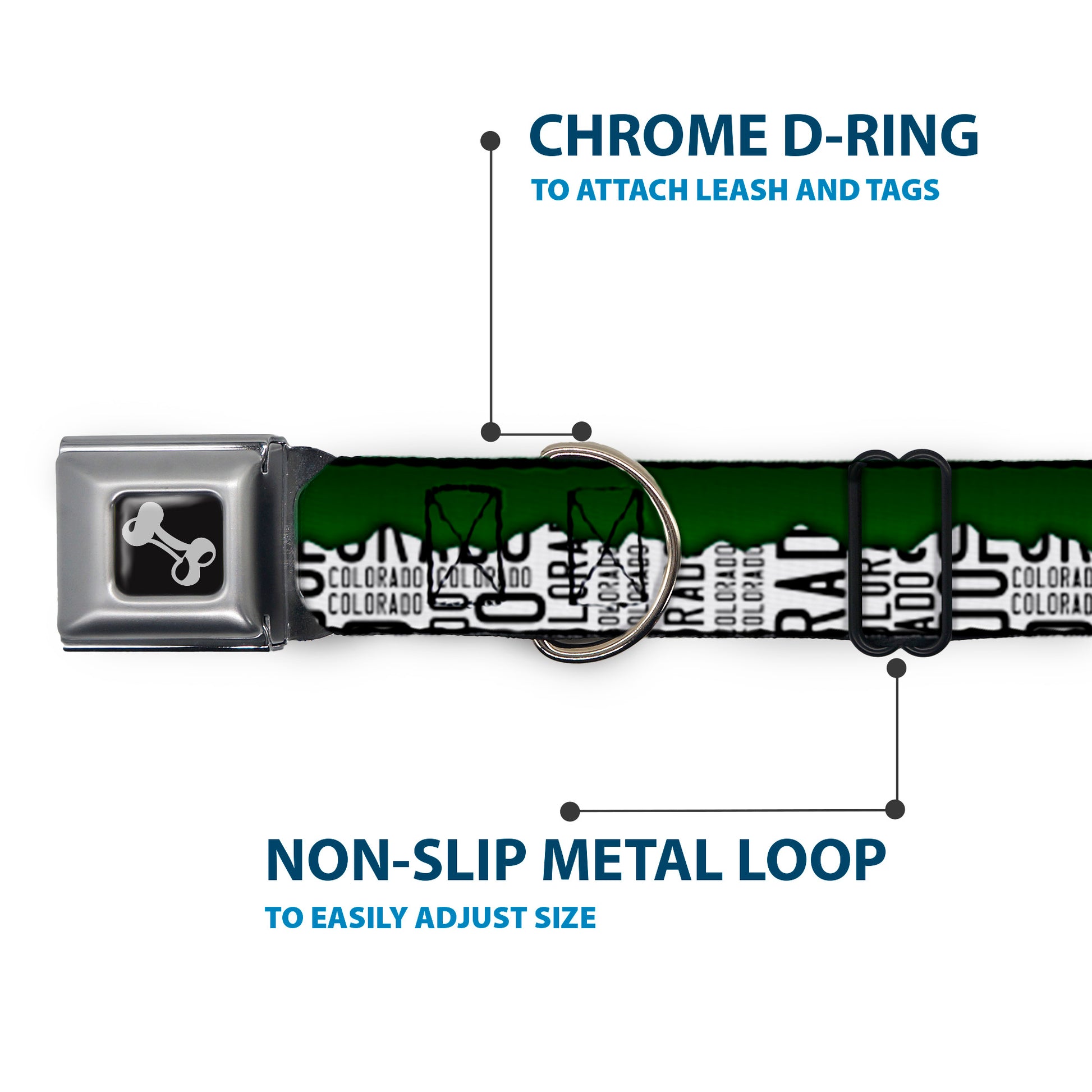 Dog Bone Seatbelt Buckle Collar - Colorado Mountains Green/White/Black Text Seatbelt Buckle Collars Buckle-Down