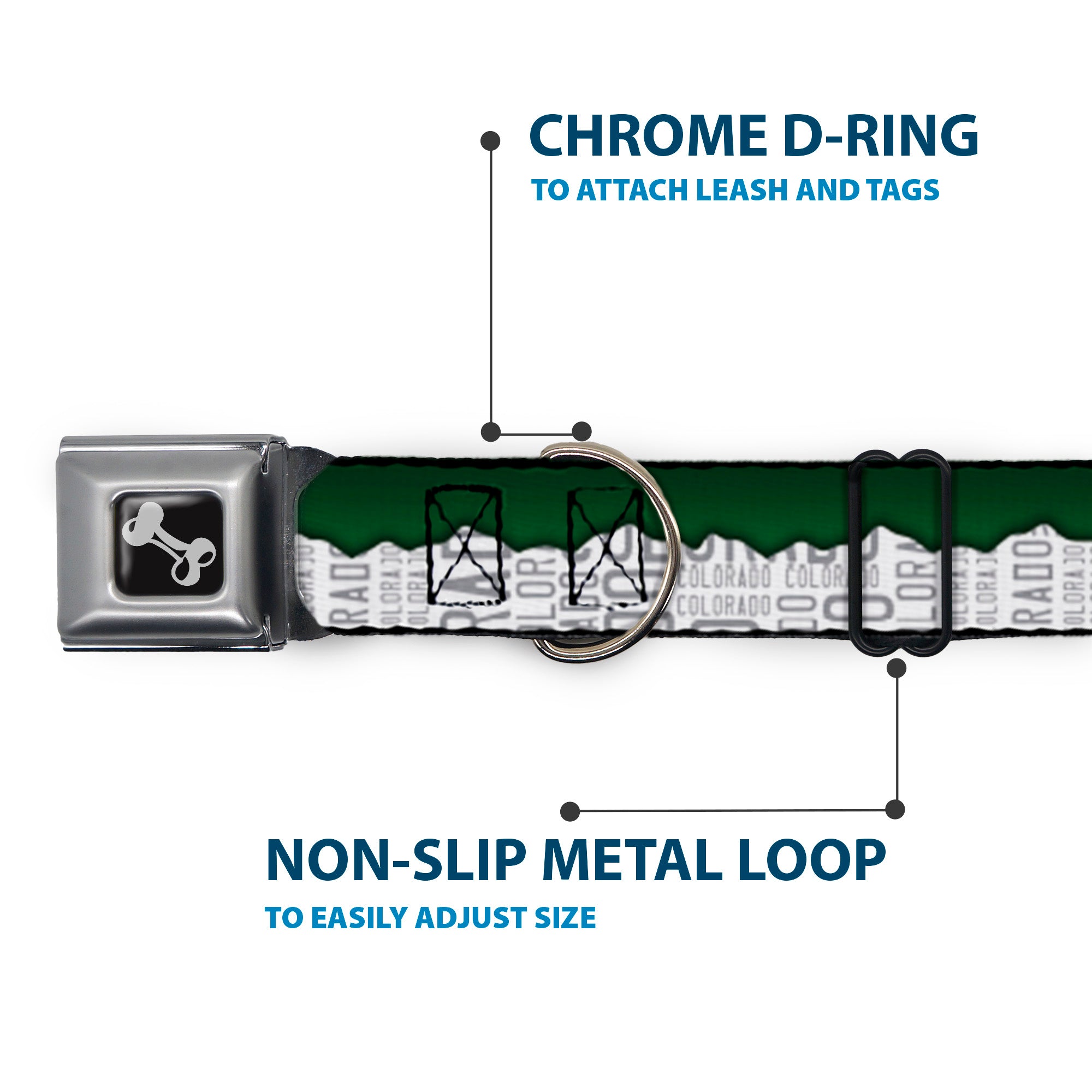 Dog Bone Seatbelt Buckle Collar - Colorado Mountains Green/White/Gray Text Seatbelt Buckle Collars Buckle-Down