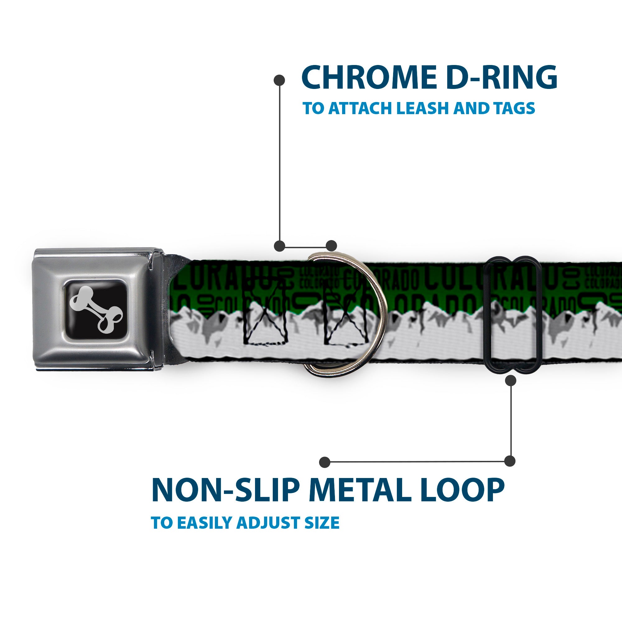 Dog Bone Seatbelt Buckle Collar - Colorado Mountains Green/Black Text/Grays Seatbelt Buckle Collars Buckle-Down
