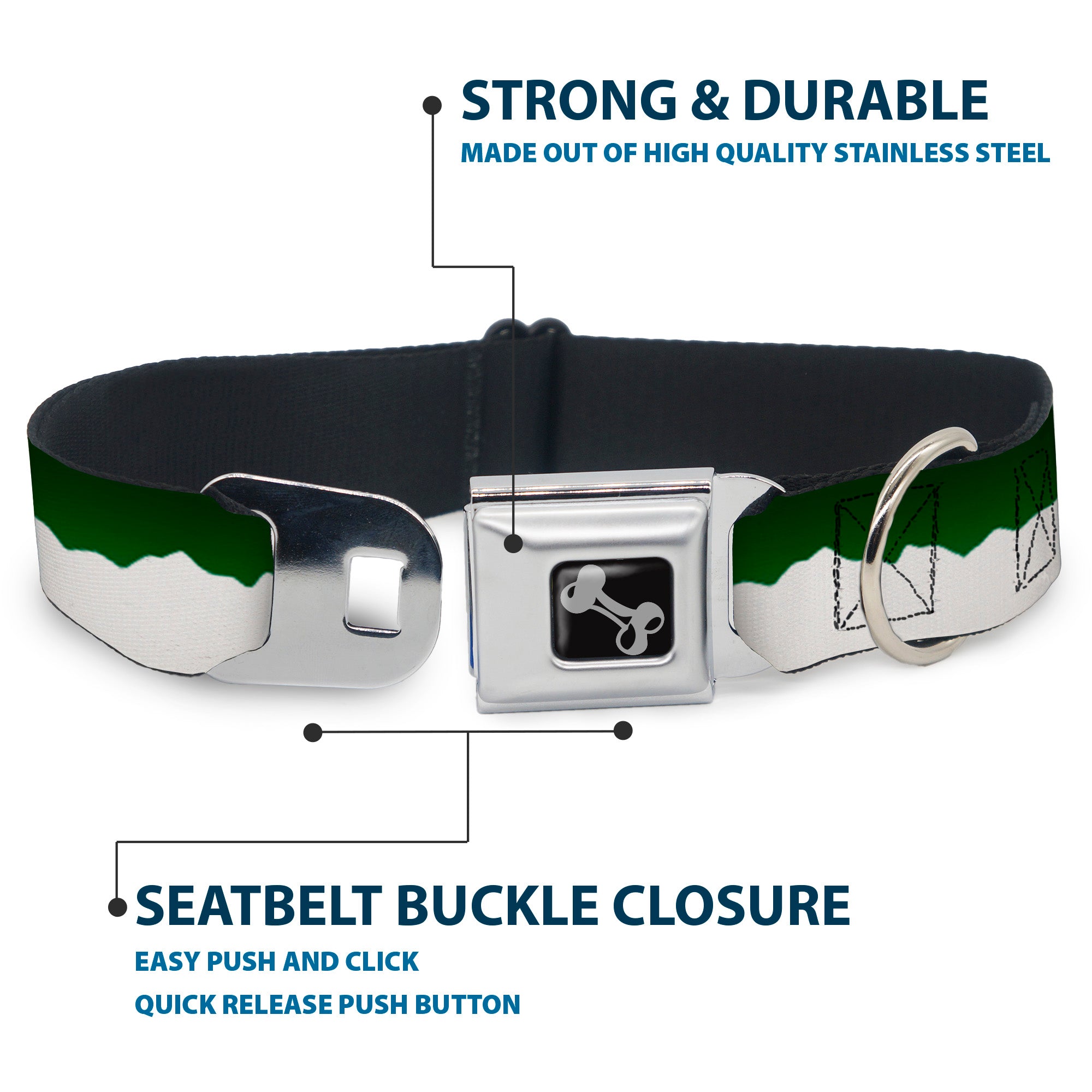 Dog Bone Seatbelt Buckle Collar - Colorado Solid Mountains Green/White Seatbelt Buckle Collars Buckle-Down