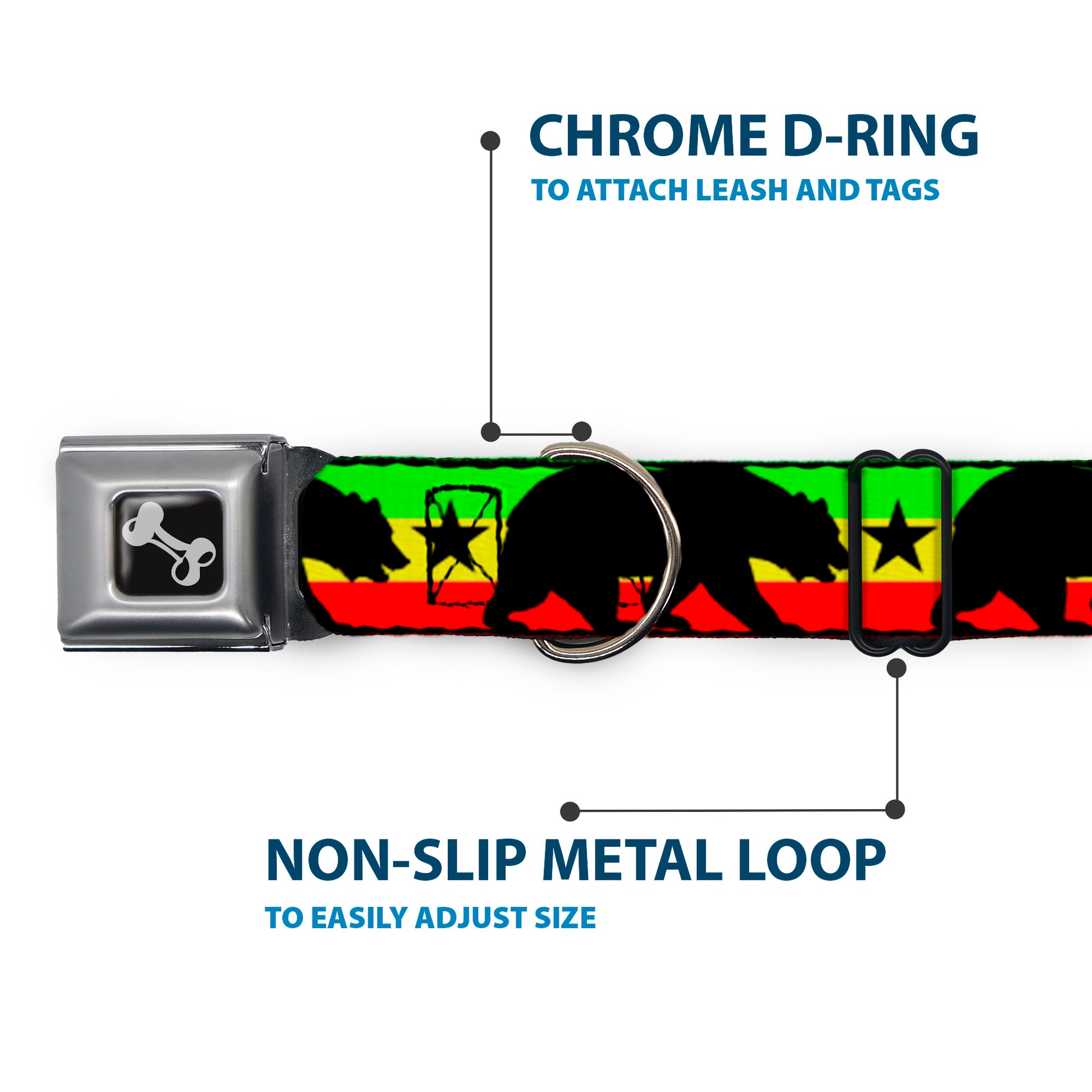 Dog Bone Seatbelt Buckle Collar - Cali Bear/Star Silhouette Rasta/Black Seatbelt Buckle Collars Buckle-Down