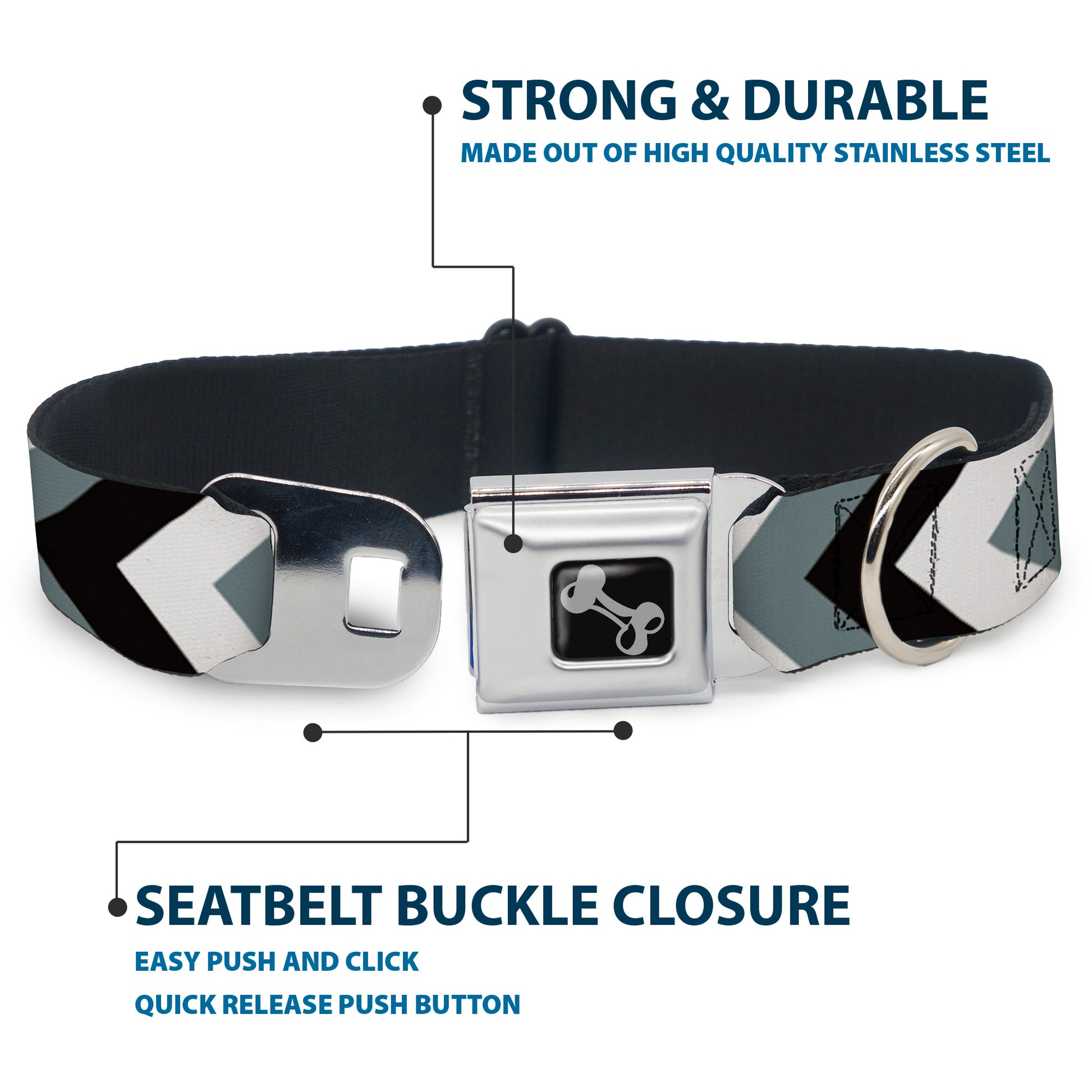 Dog Bone Seatbelt Buckle Collar - Chevron White/Gray/Black Seatbelt Buckle Collars Buckle-Down