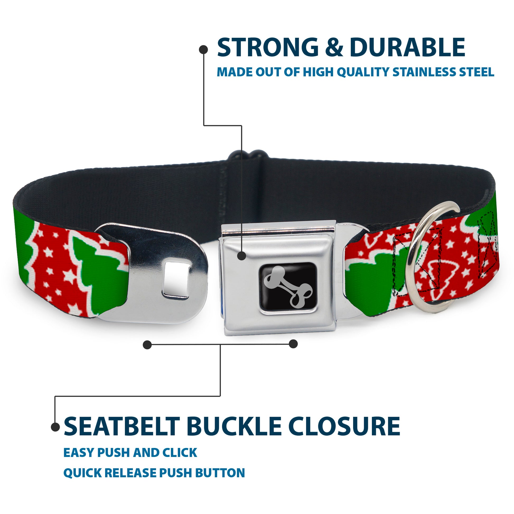 Dog Bone Seatbelt Buckle Collar - Christmas Trees/Stars Red/White/Green Seatbelt Buckle Collars Buckle-Down
