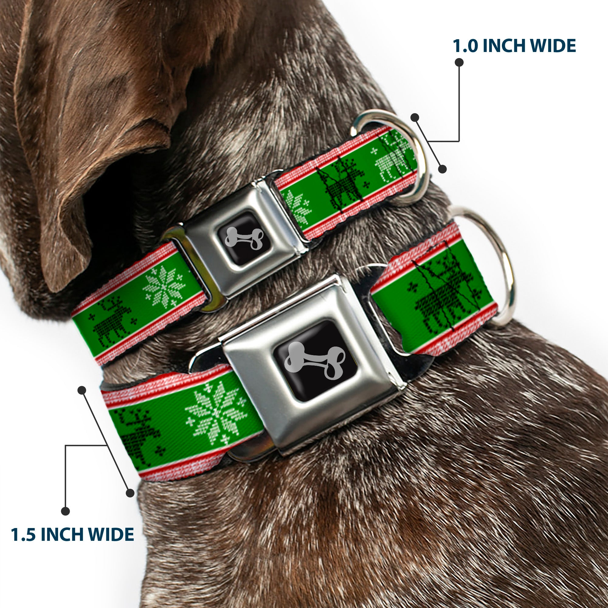 Dog Bone Seatbelt Buckle Collar - Christmas Stitch Moose/Snowflakes Red/Green Seatbelt Buckle Collars Buckle-Down